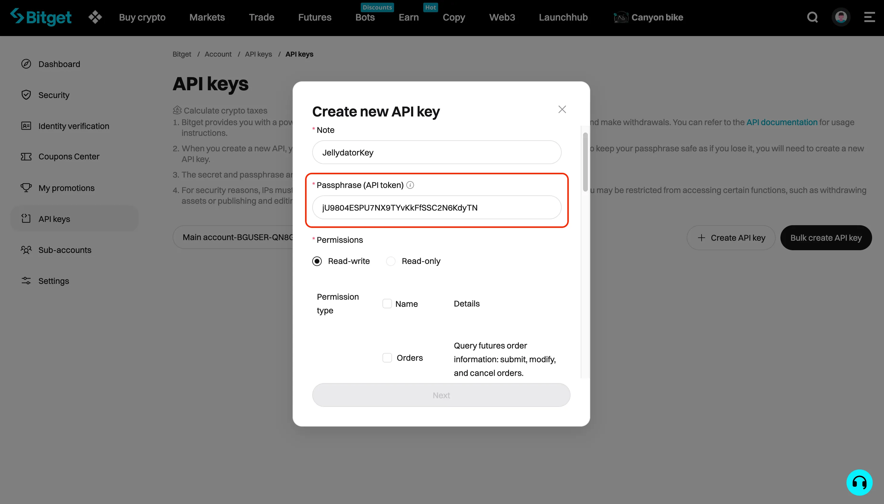 An image of the Bitget website with the passphrase input field highlighted.
