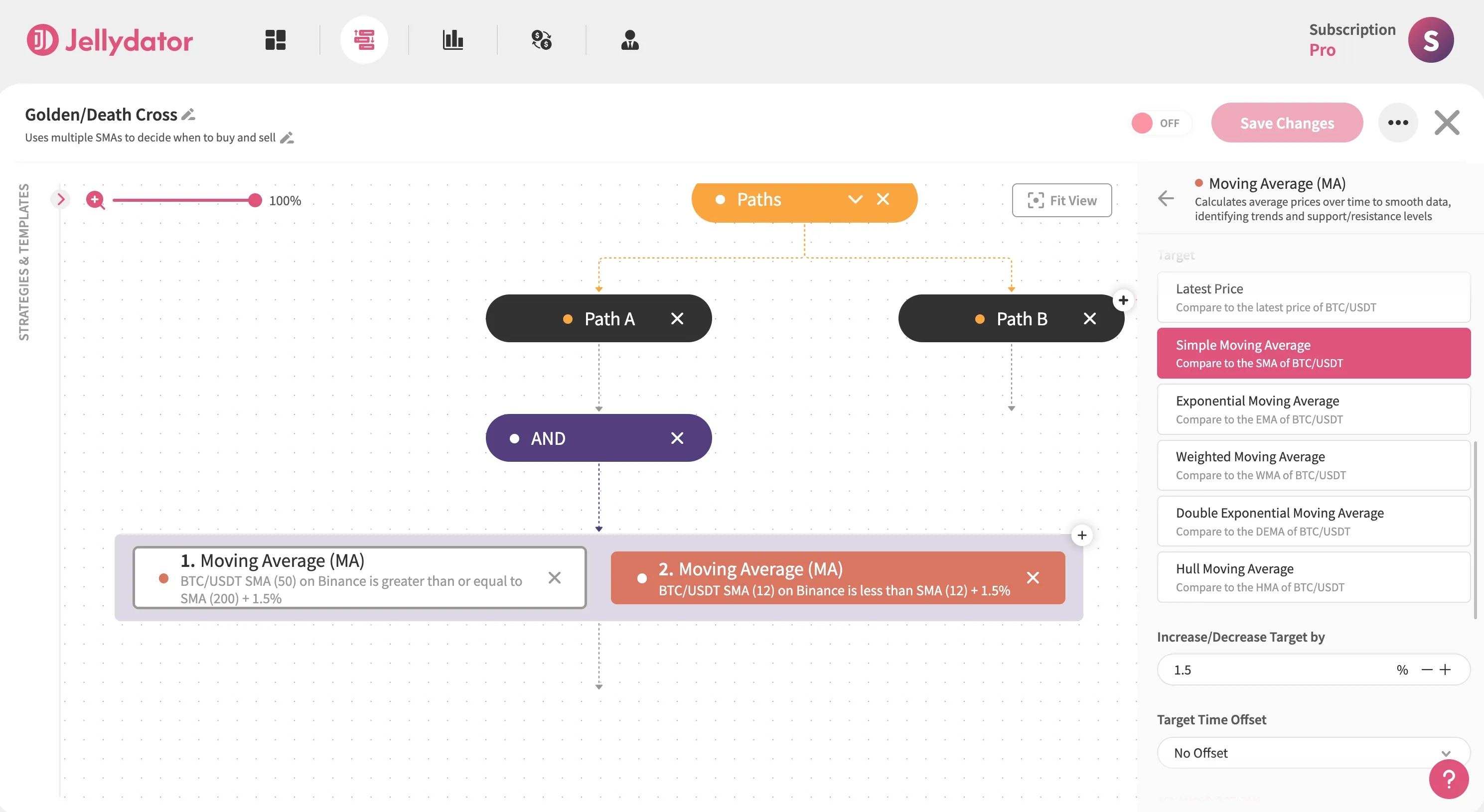 The Jellydator platform with the 'increase target by' input of the second Moving Average step in Path A.