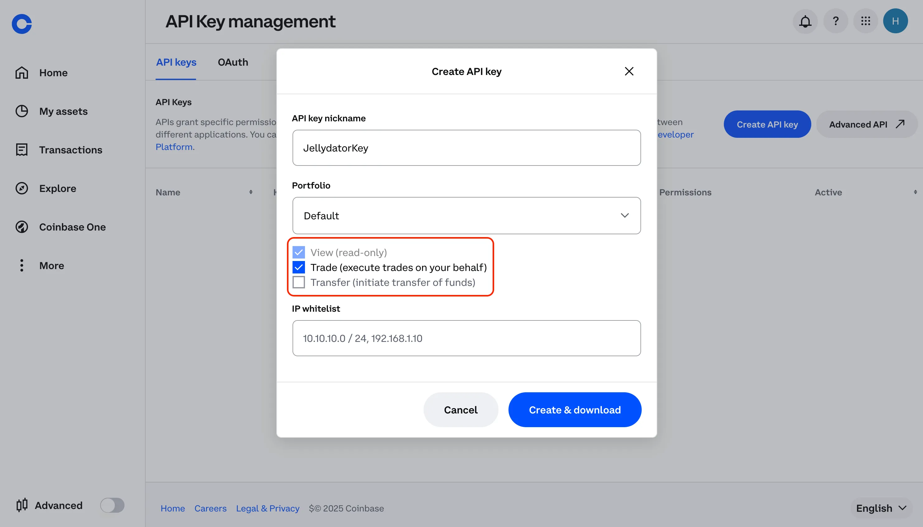 An image of the Coinbase website with the permission options highlighted.