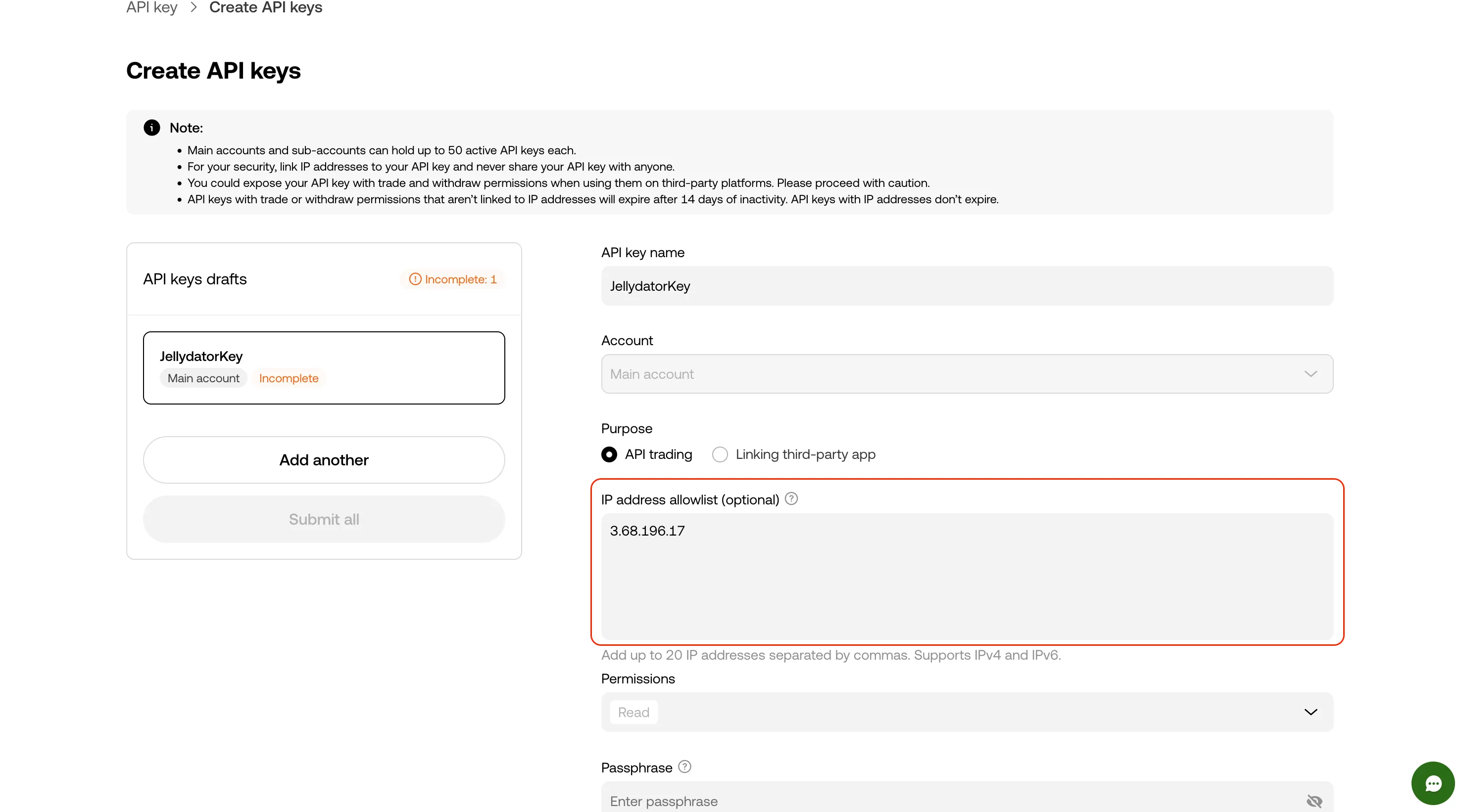 The OKX platform with the trusted IPs highlighted.