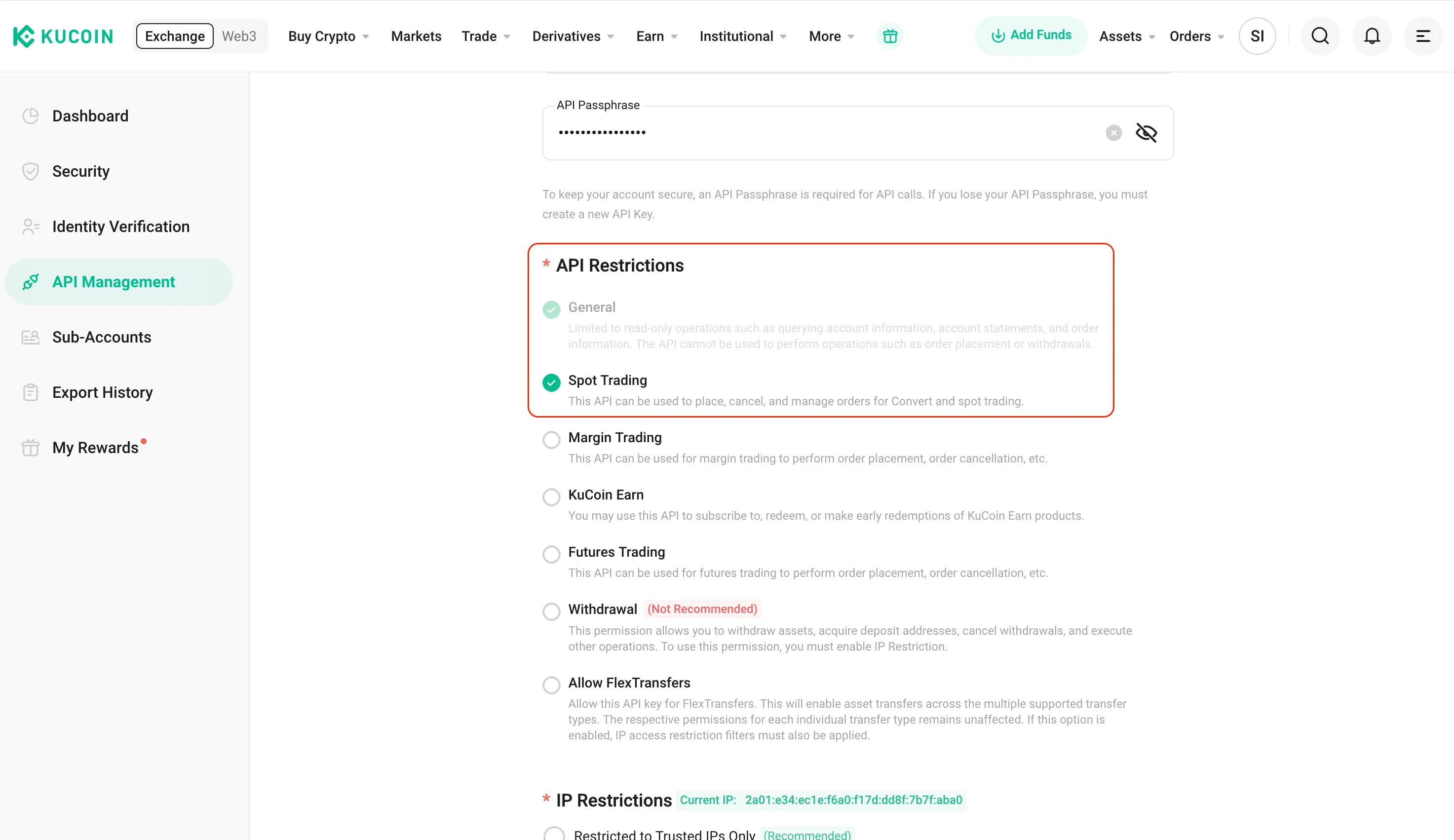 The KuCoin platform with the API restrictions highlighted.