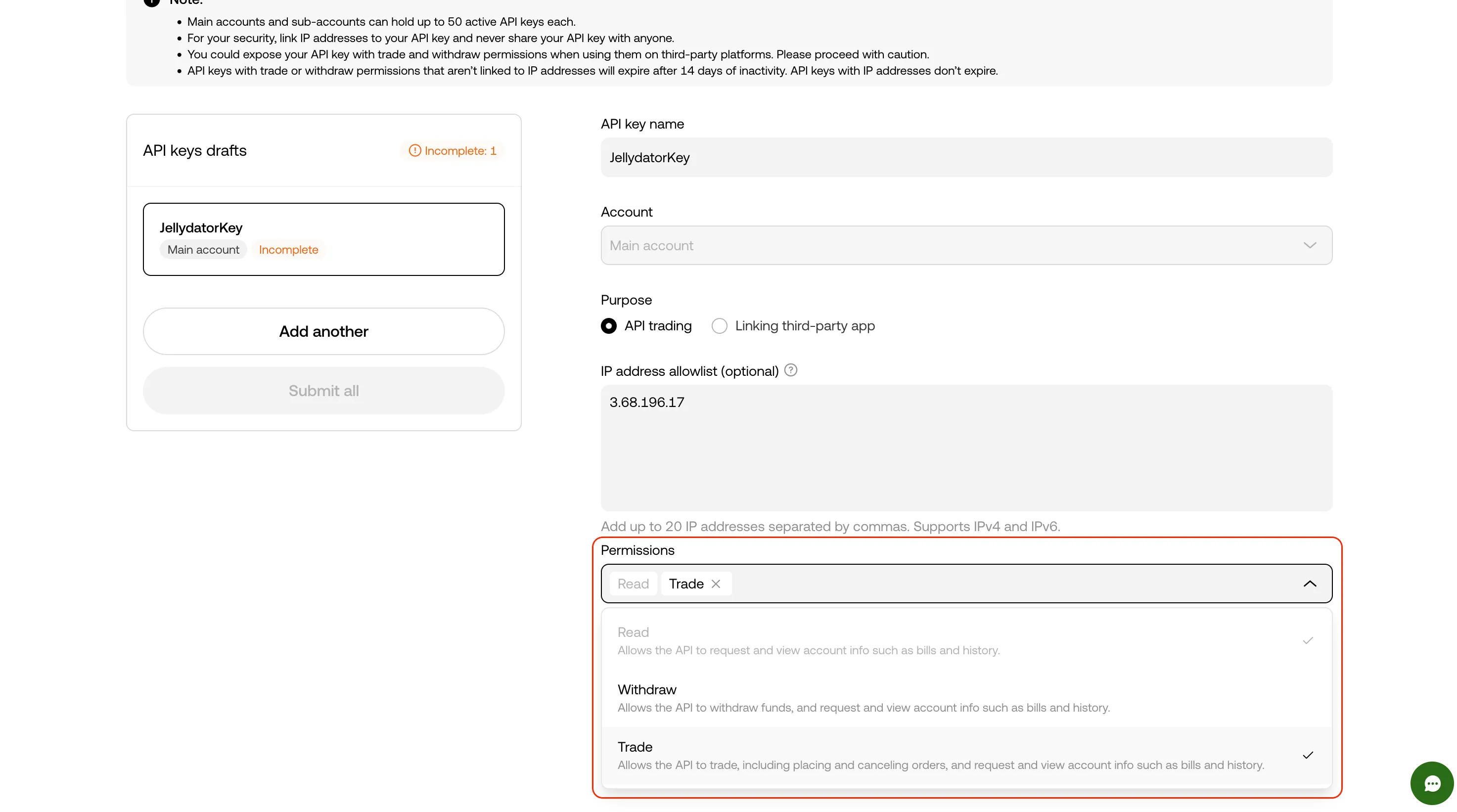 The OKX platform with the permissions highlighted.