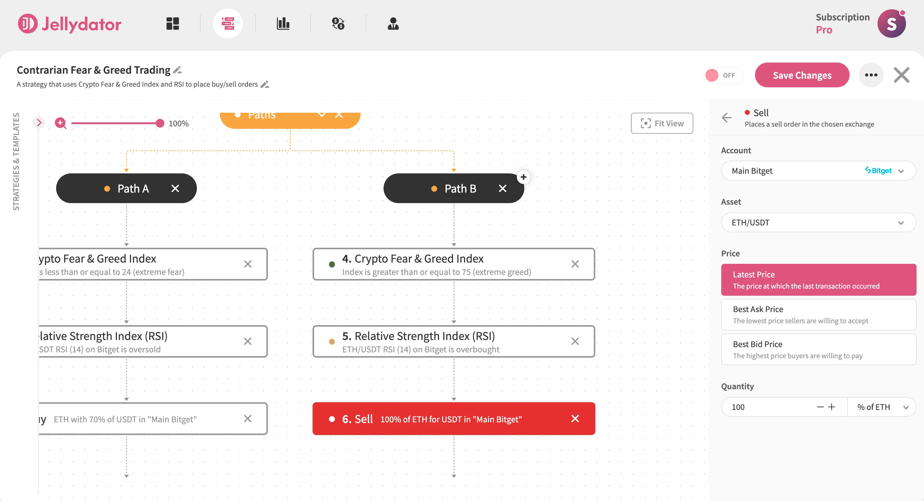The Jellydator editor with a Sell step in Path B.