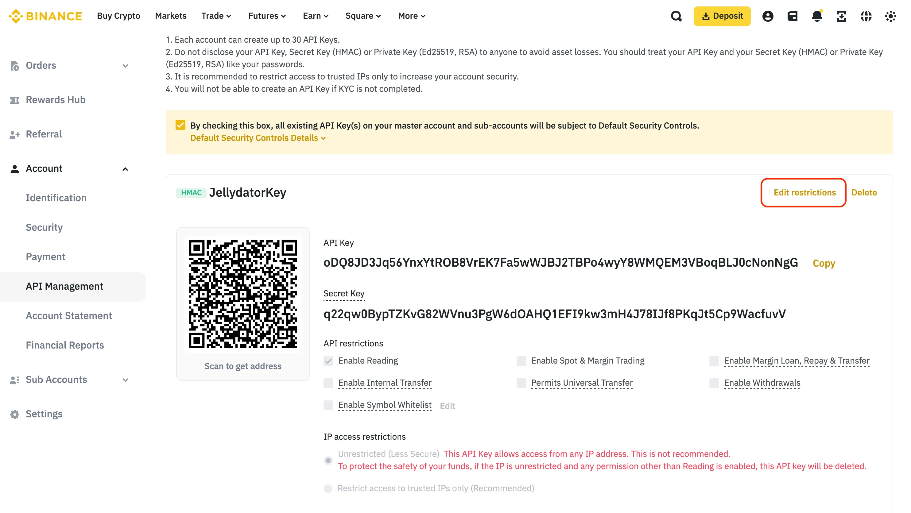 An image of the Binance website with the API restriction button highlighted.