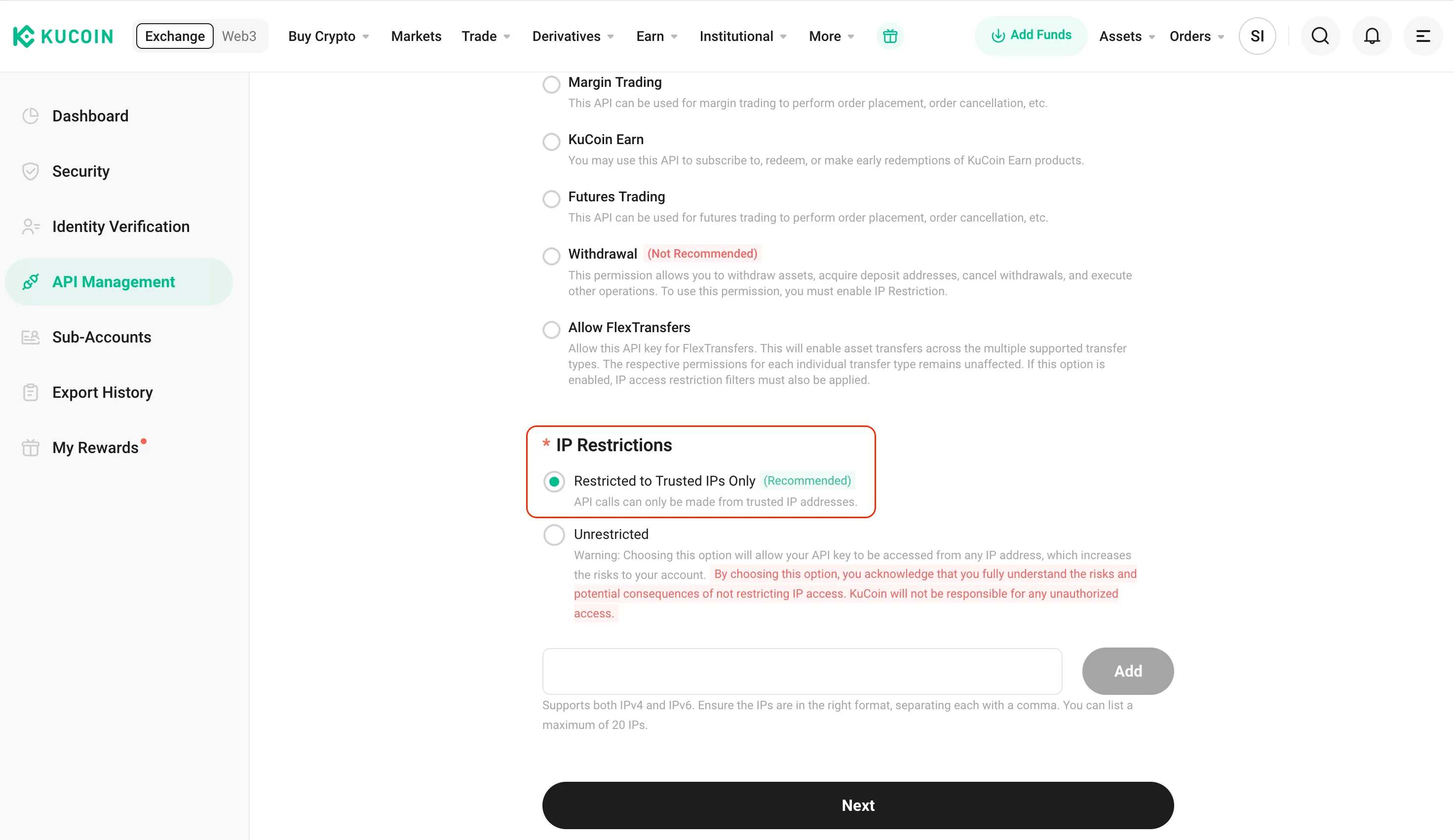 The KuCoin platform with the trusted IPs option highlighted.