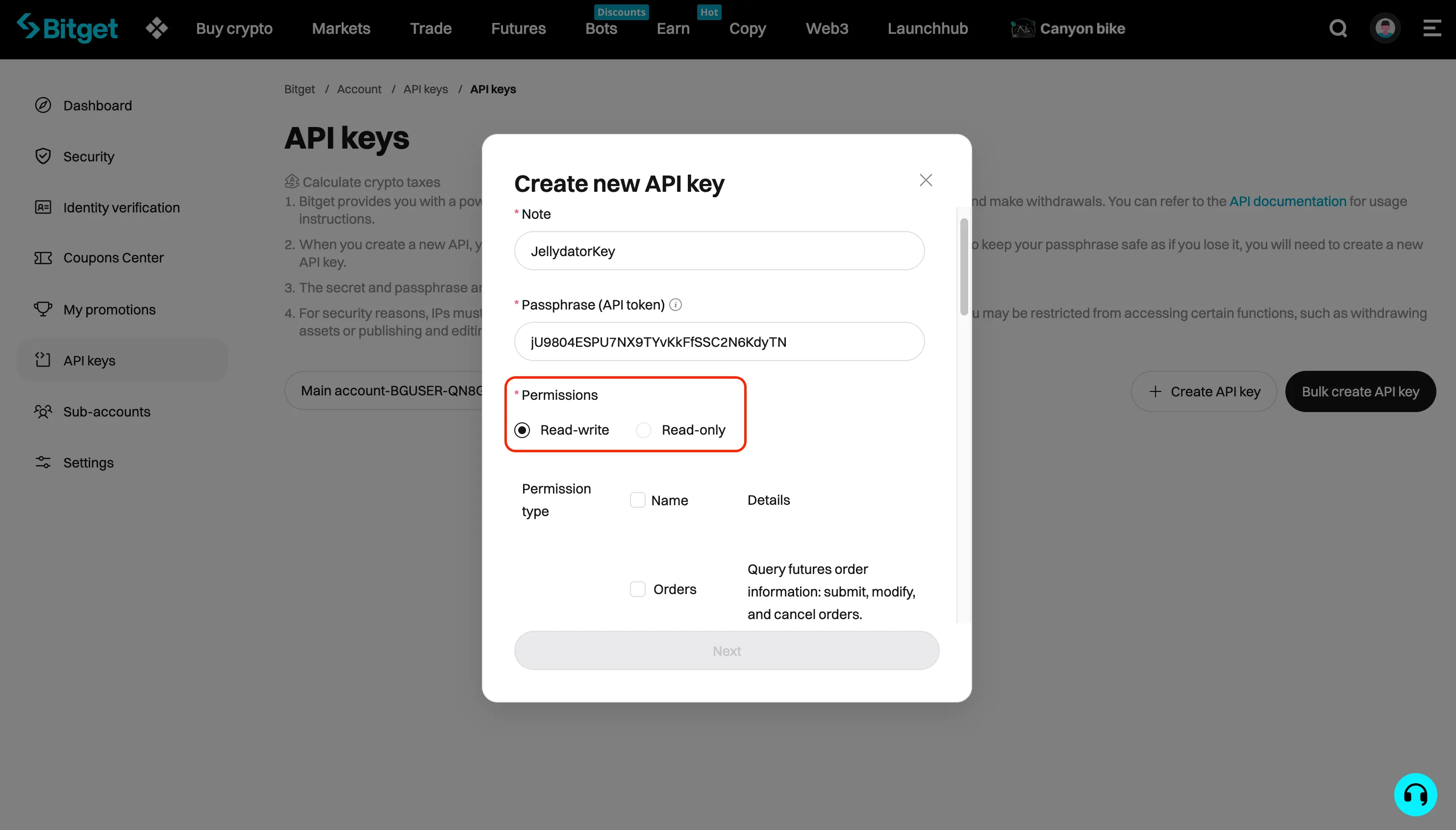 An image of the Bitget website with the permission selection highlighted.