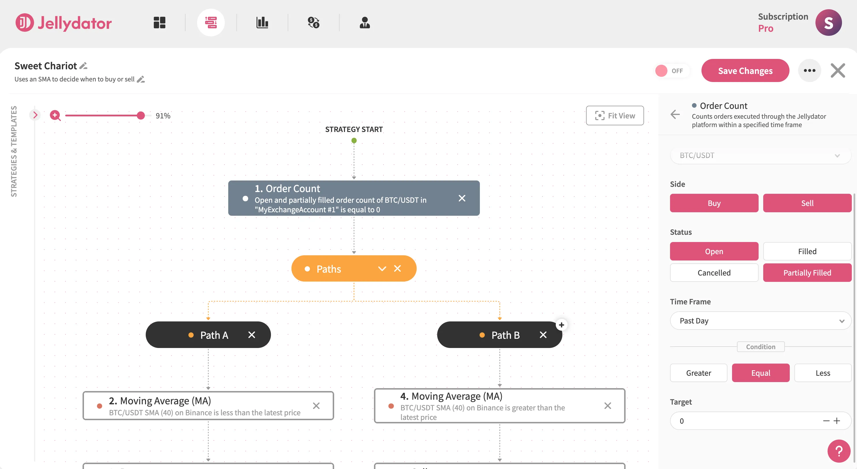 The Jellydator editor with the condition section of an order count step.