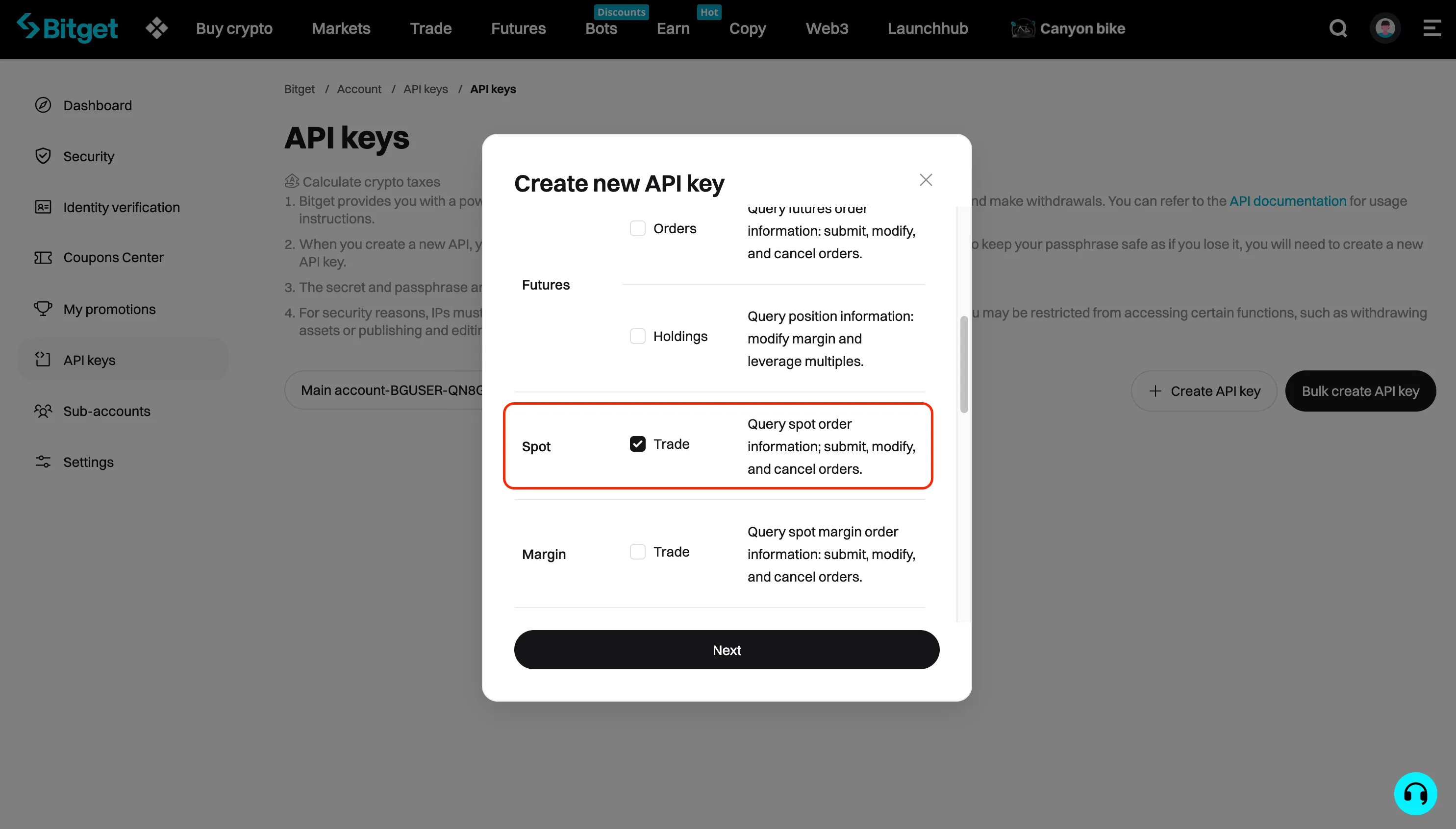 An image of the Bitget website with the spot permissions highlighted.