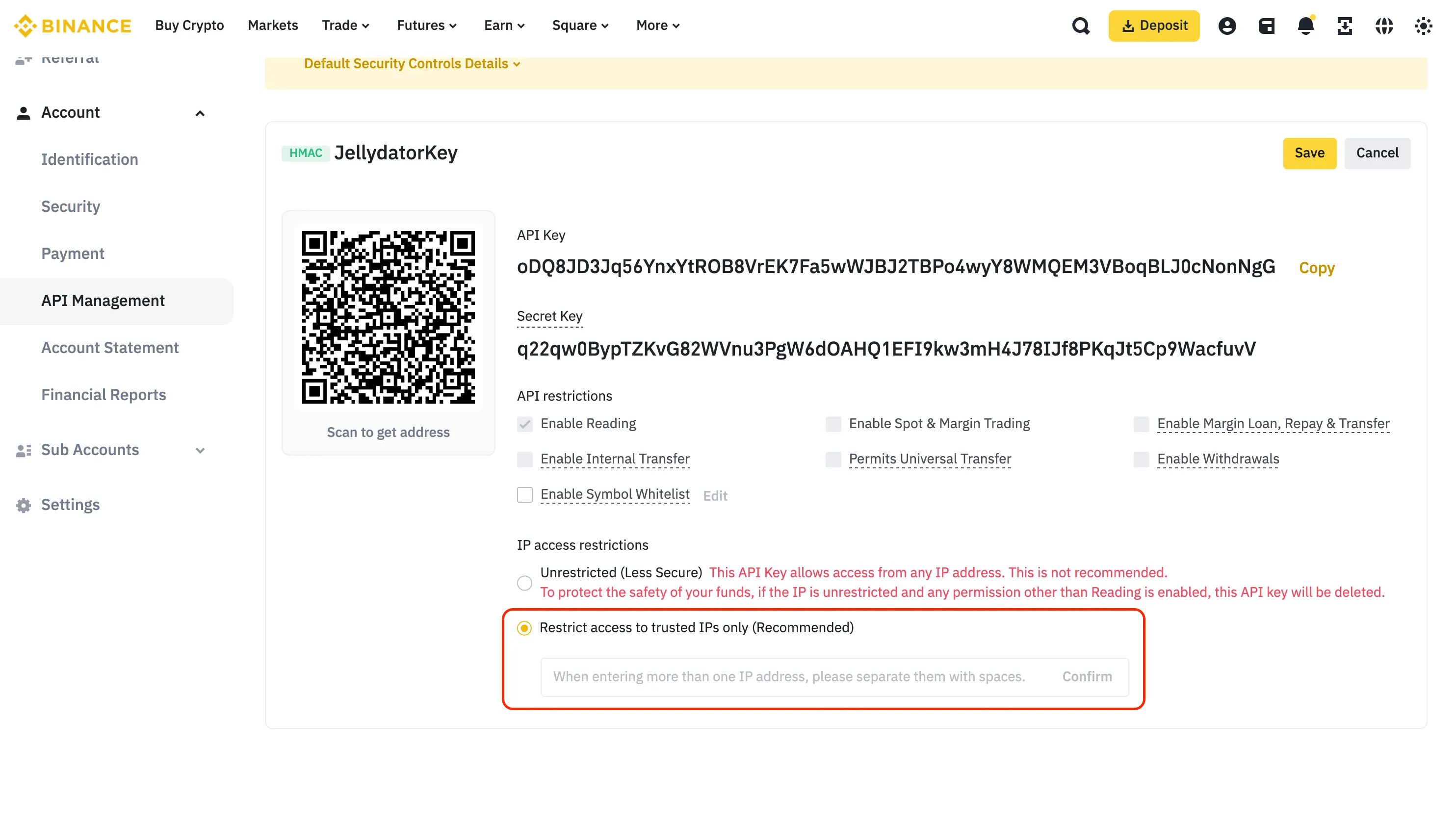 An image of the Binance website with the API trusted IPs input field highlighted.