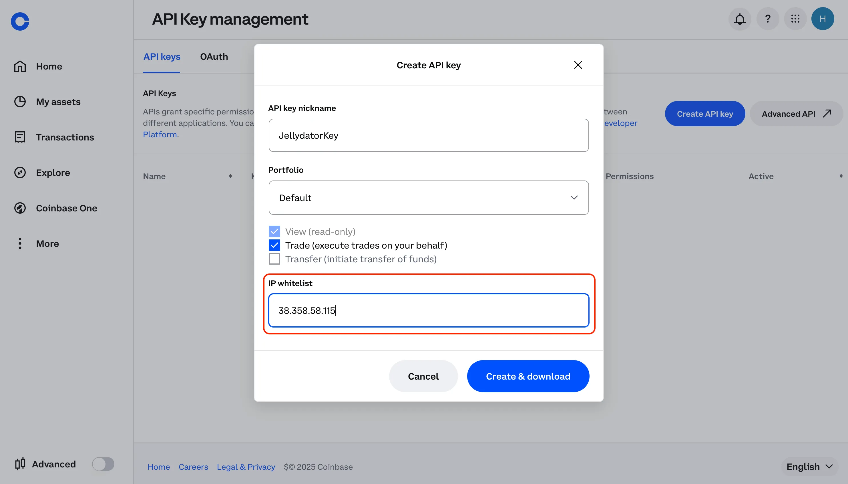An image of the Coinbase website with the IP whitelist field highlighted.