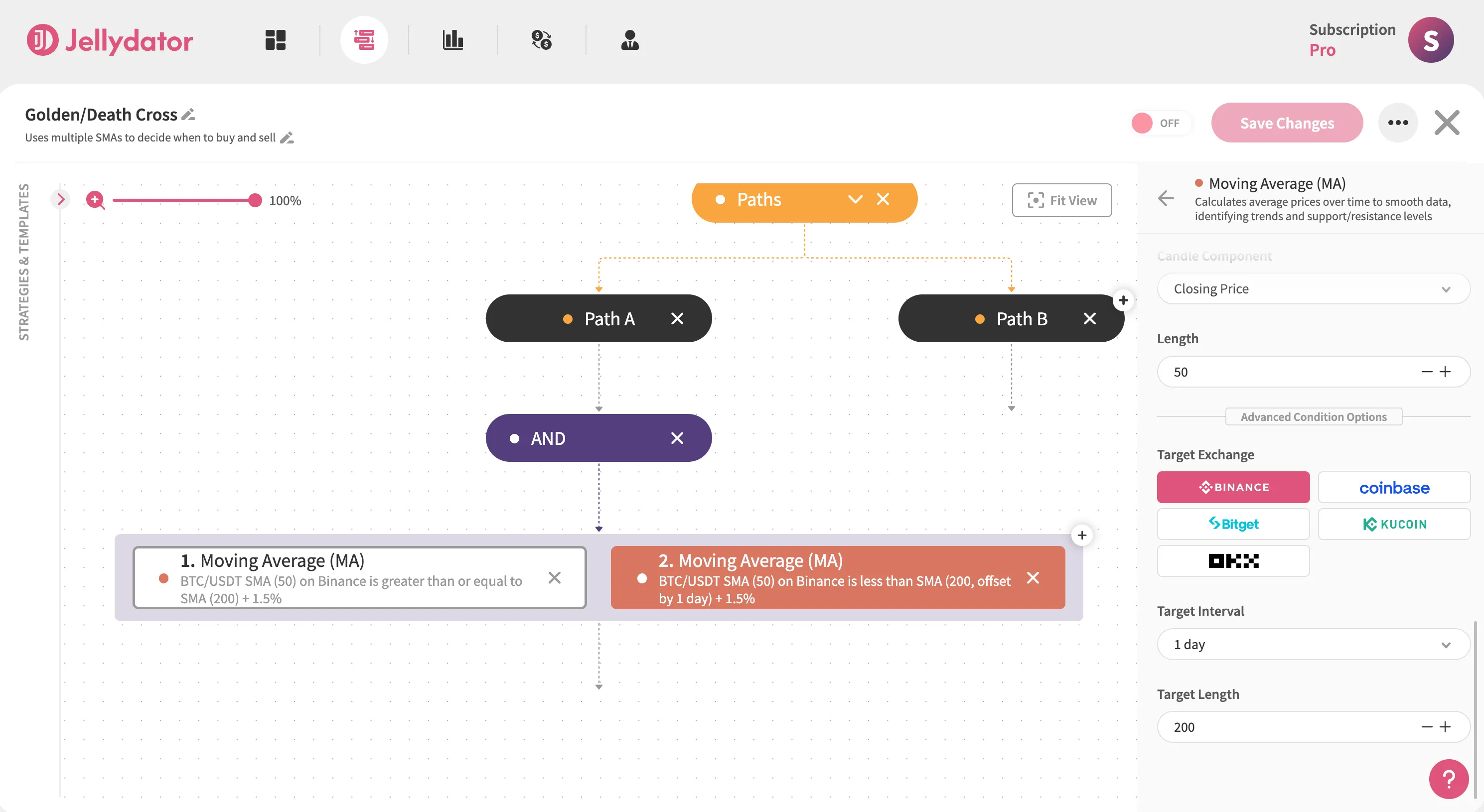 The Jellydator platform with the advanced option section of the second Moving Average step in Path A.