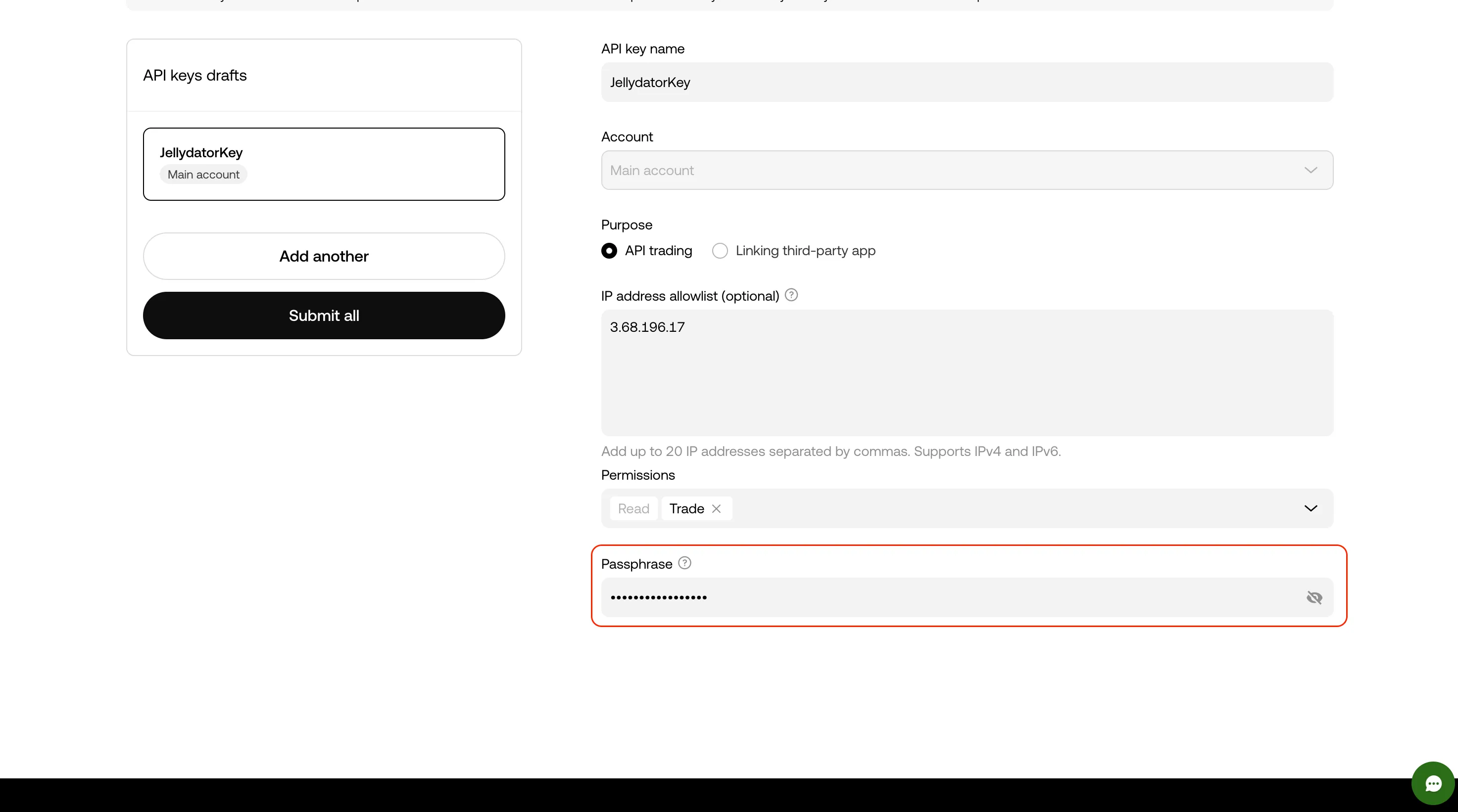 The OKX platform with the passphrase highlighted.