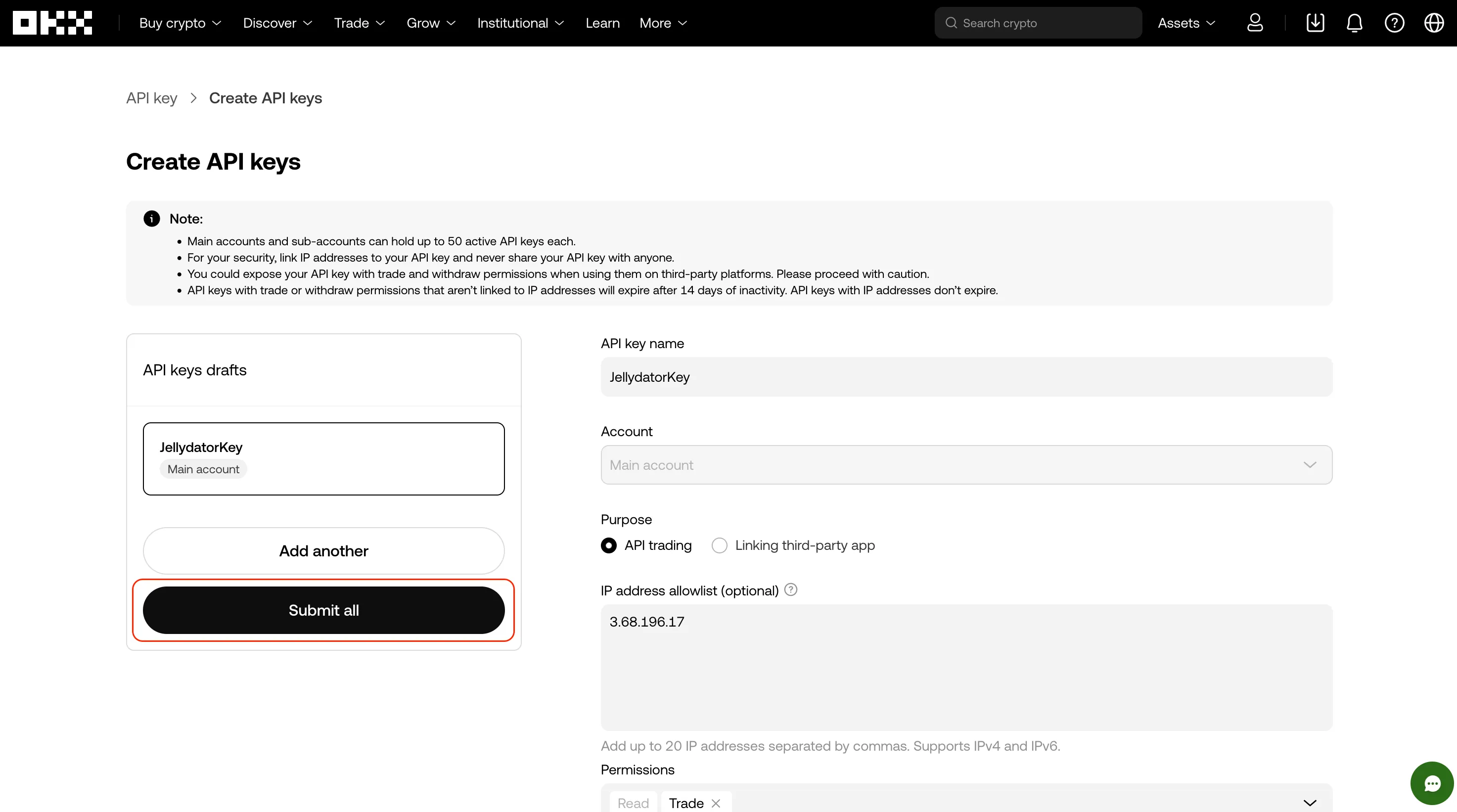 The OKX platform with the 'submit all' button highlighted.