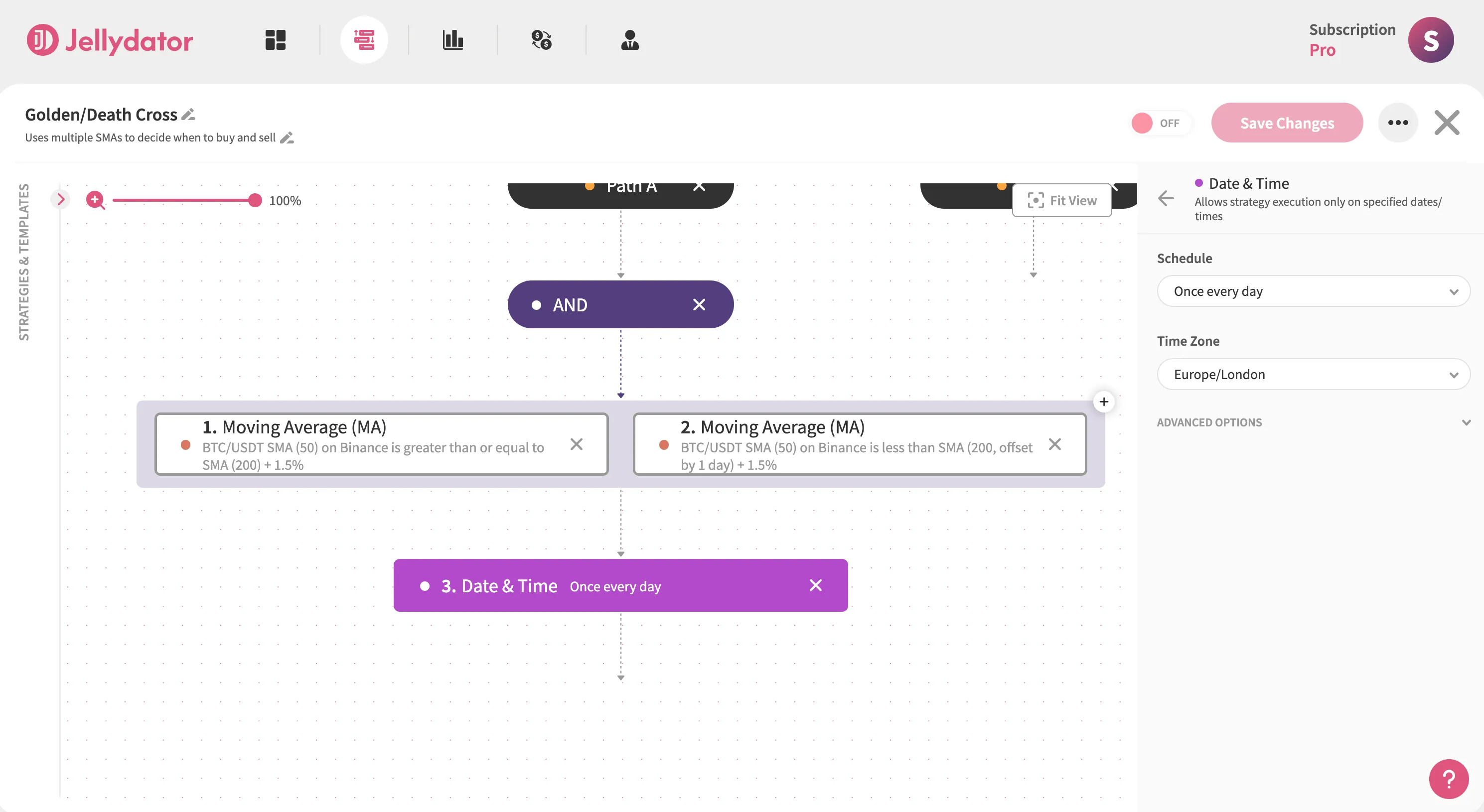 The Jellydator platform with a 'date & time' step in Path A.