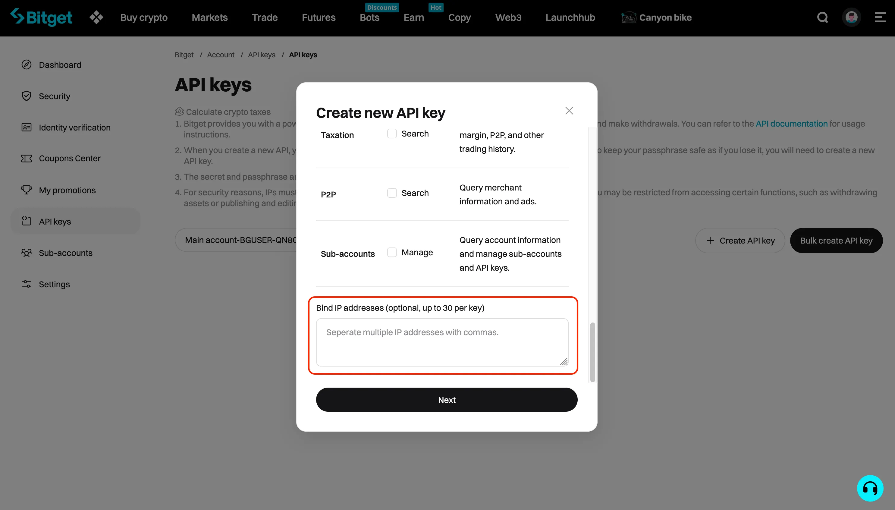 An image of the Bitget website with the trusted IP address input field highlighted.