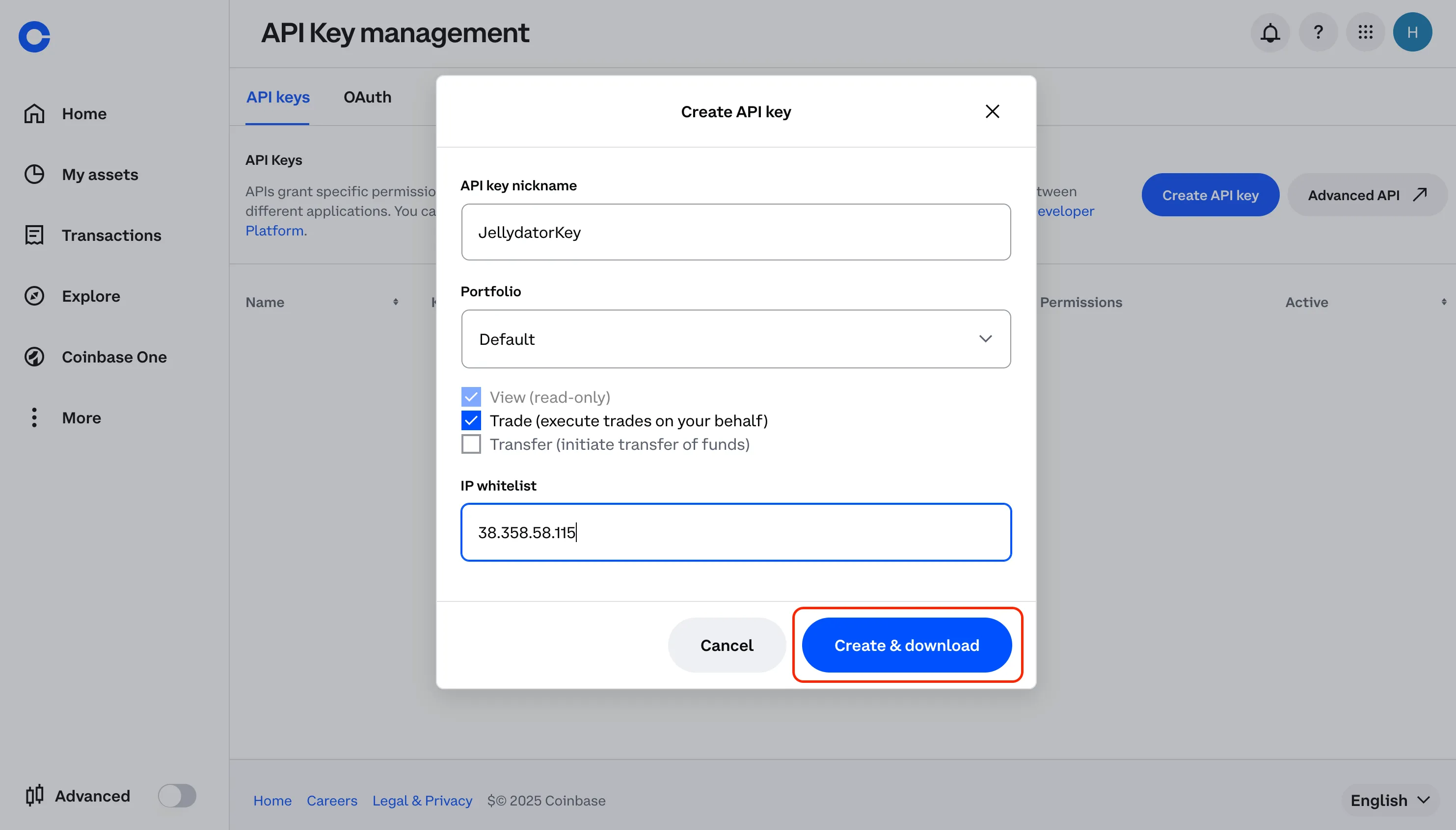 An image of the Coinbase website with the creation button highlighted.