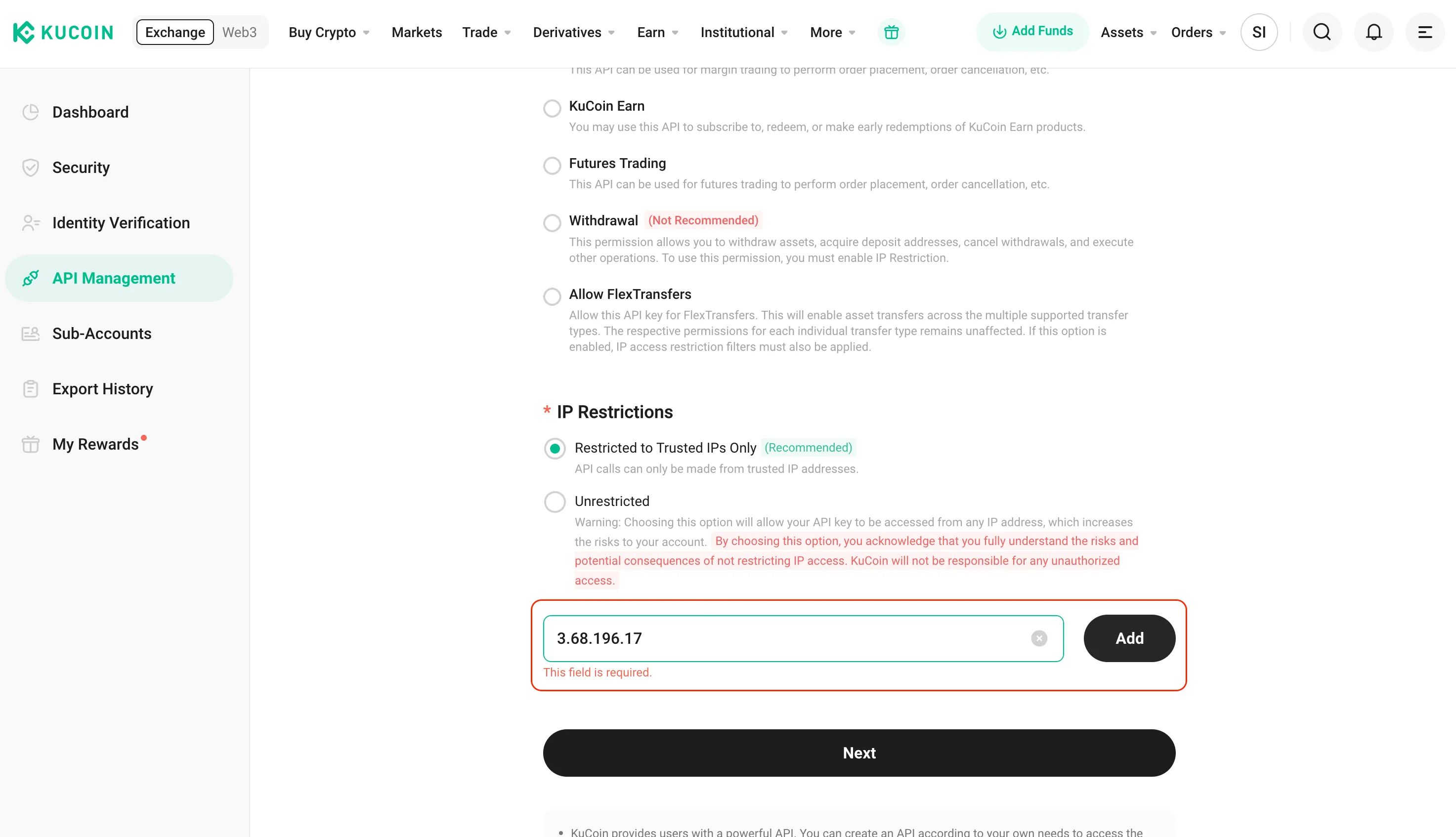 The KuCoin platform with the trusted IPs highlighted.