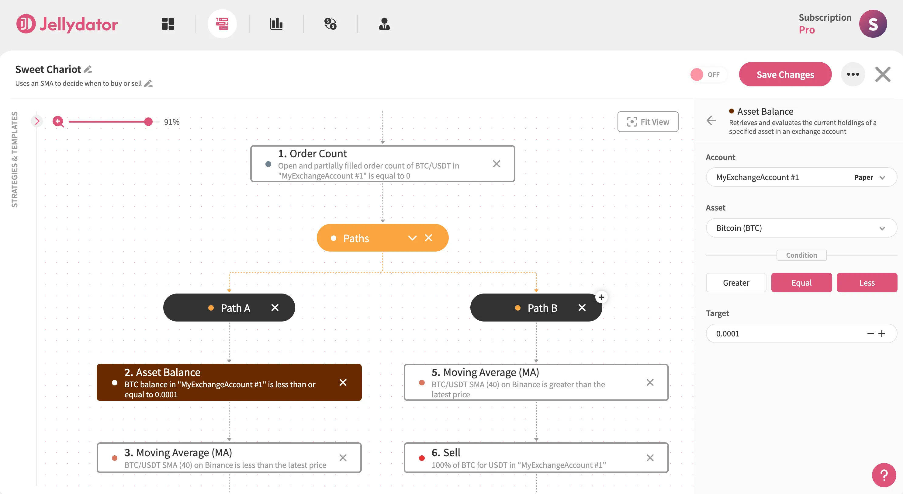 The Jellydator editor with an asset balance step in Path A.