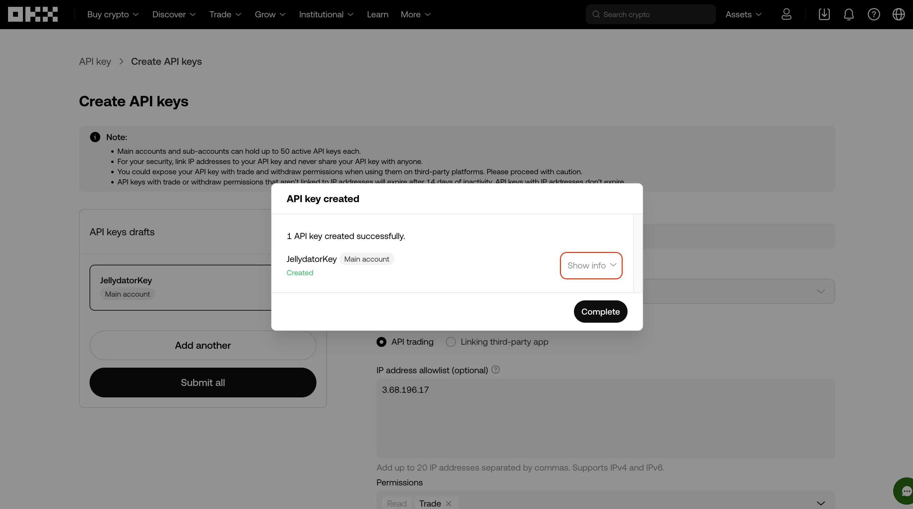 The OKX platform with the 'show info' button highlighted.