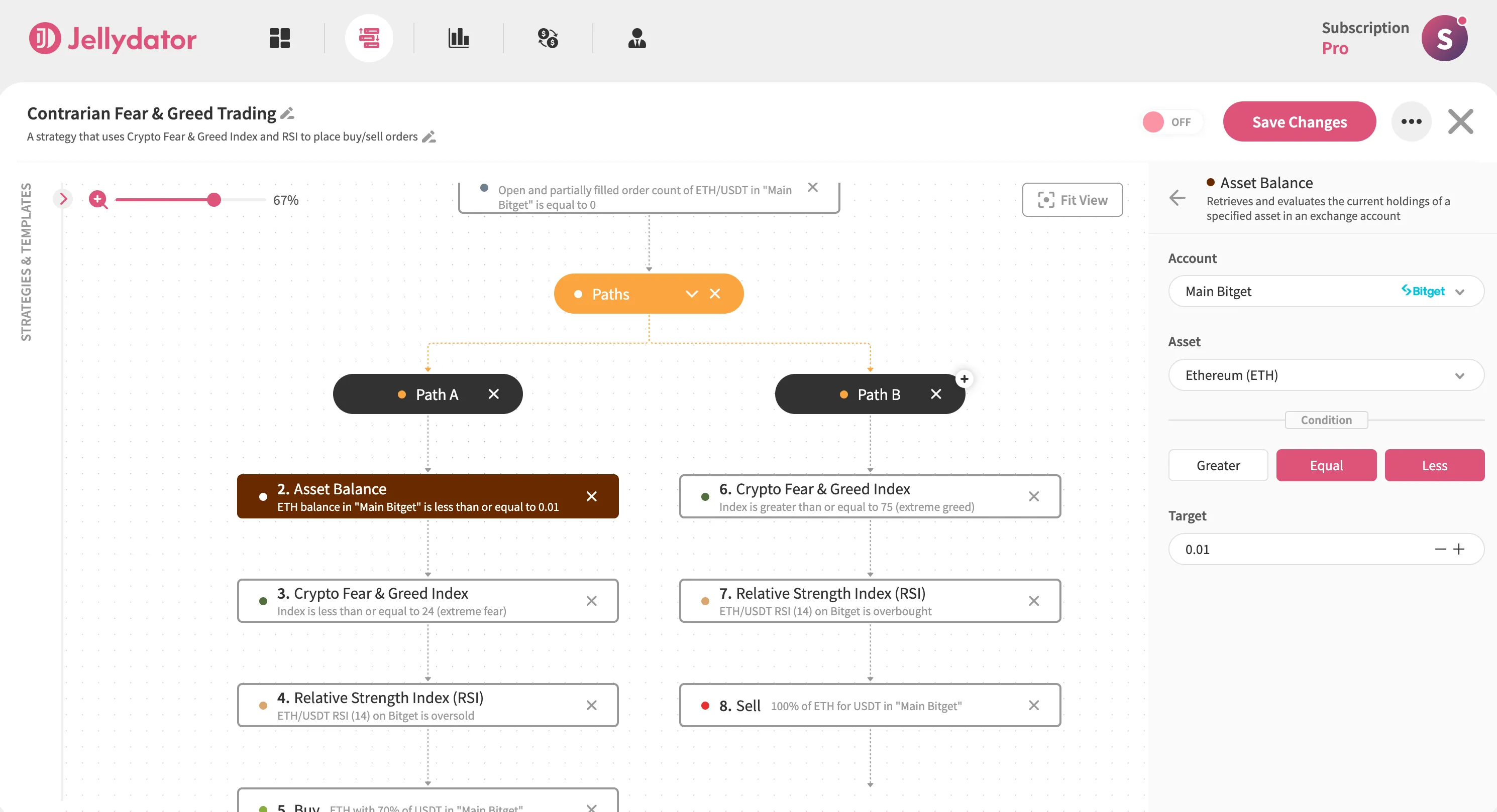 The Jellydator editor with an Asset Balance step in Path A.