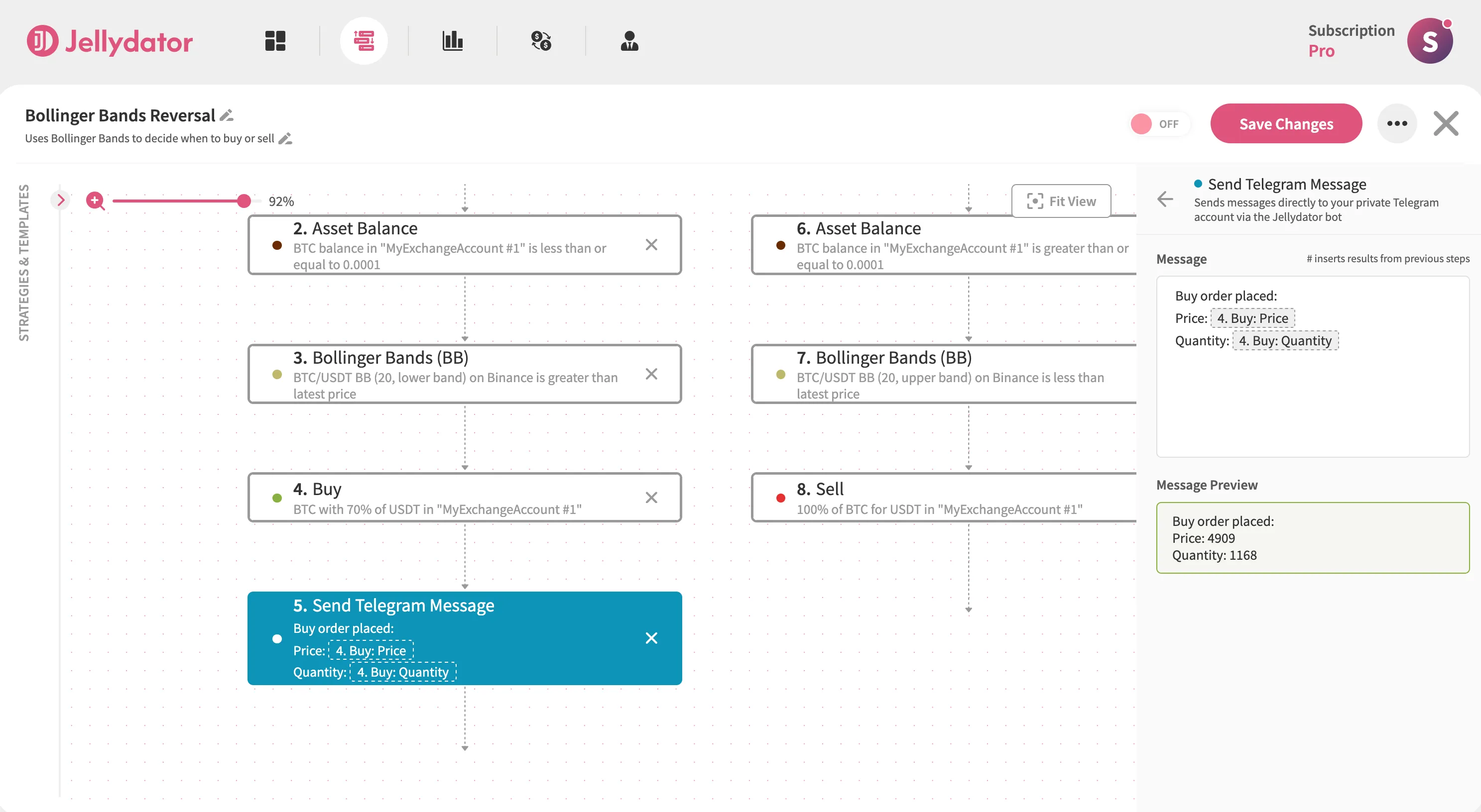 An image of the Jellydator editor with a Send Telegram Message step in Path A.