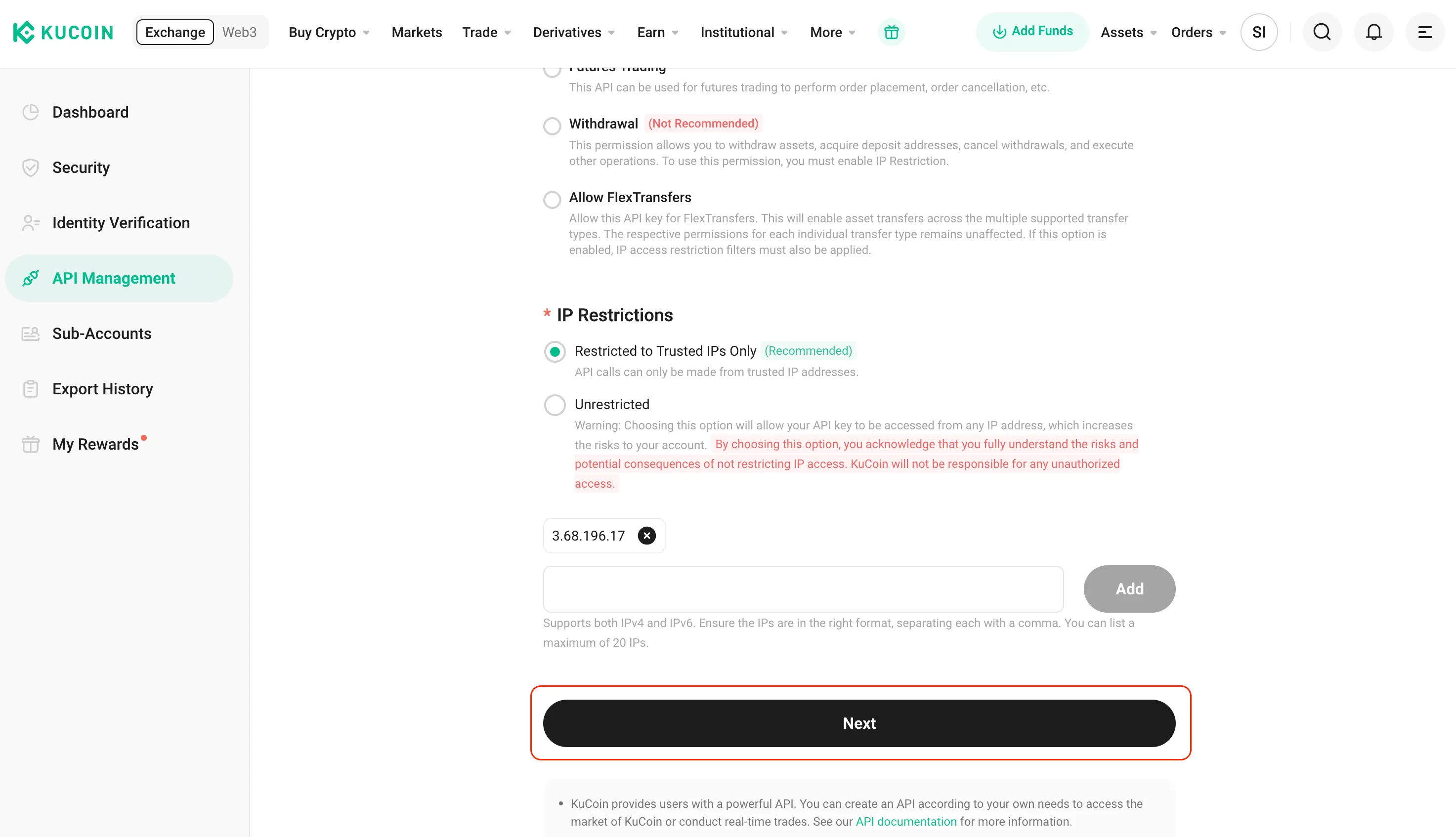 The KuCoin platform with the next button highlighted.