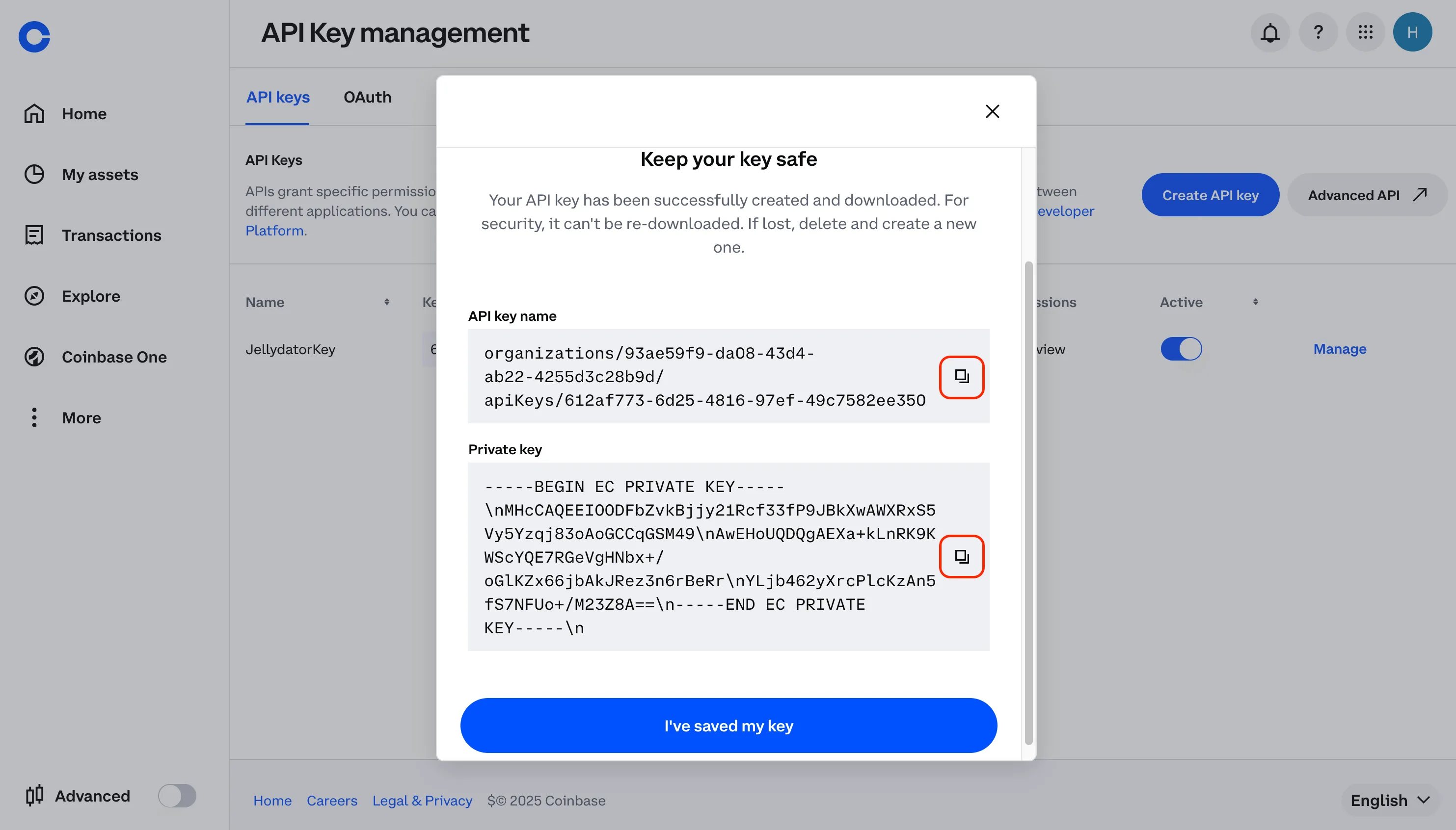 An image of the Coinbase website with the API key information copy buttons highlighted.