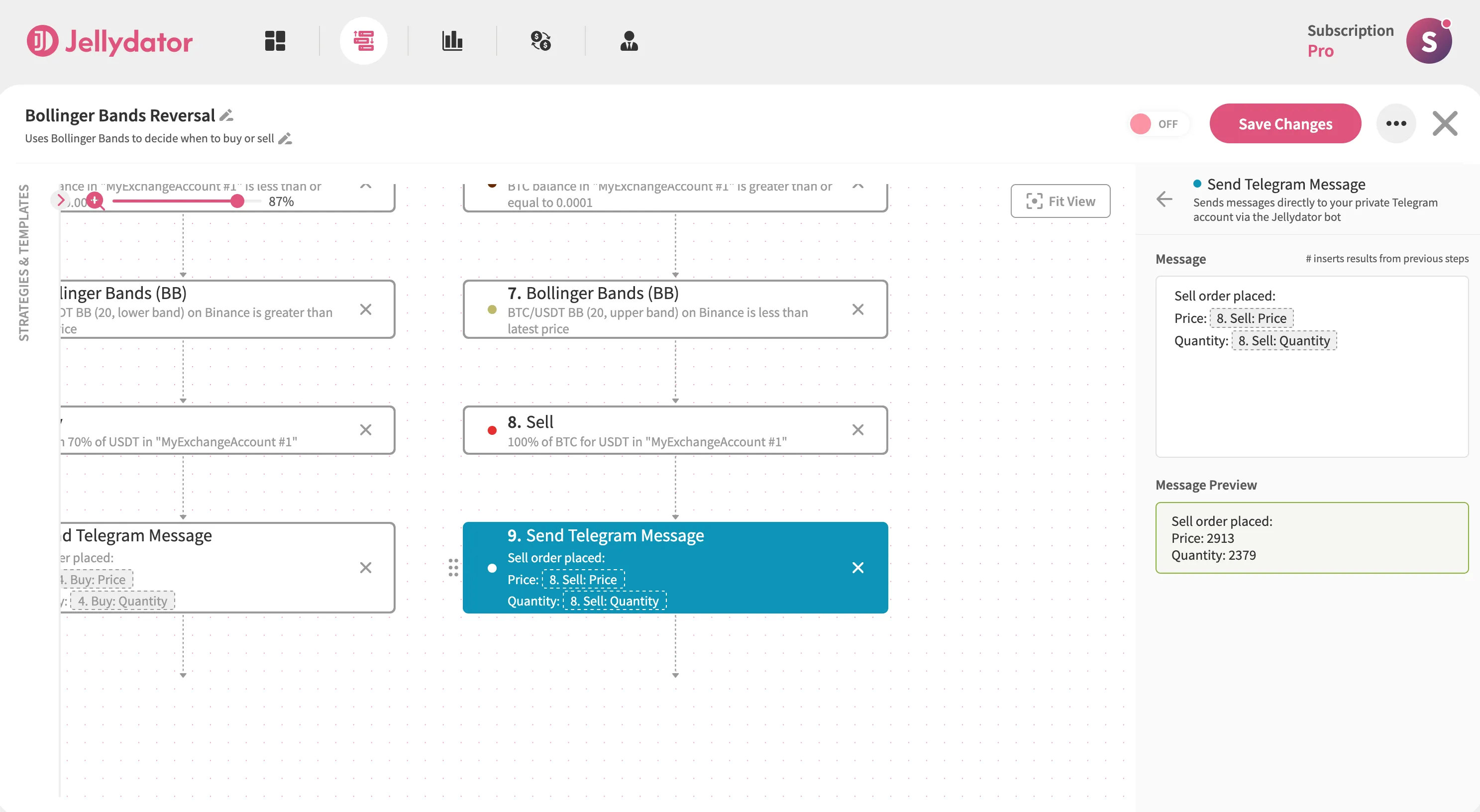An image of the Jellydator editor with a Send Telegram Message step in Path B.