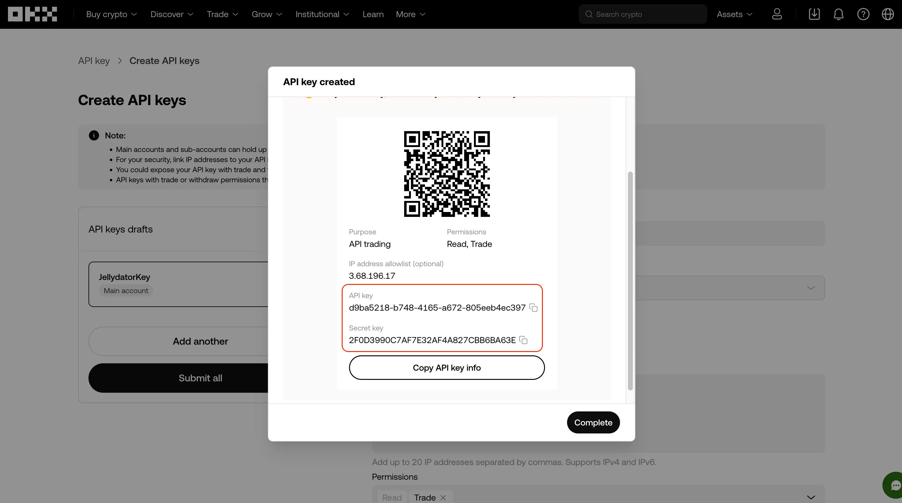 The OKX platform with the API and secret keys highlighted.