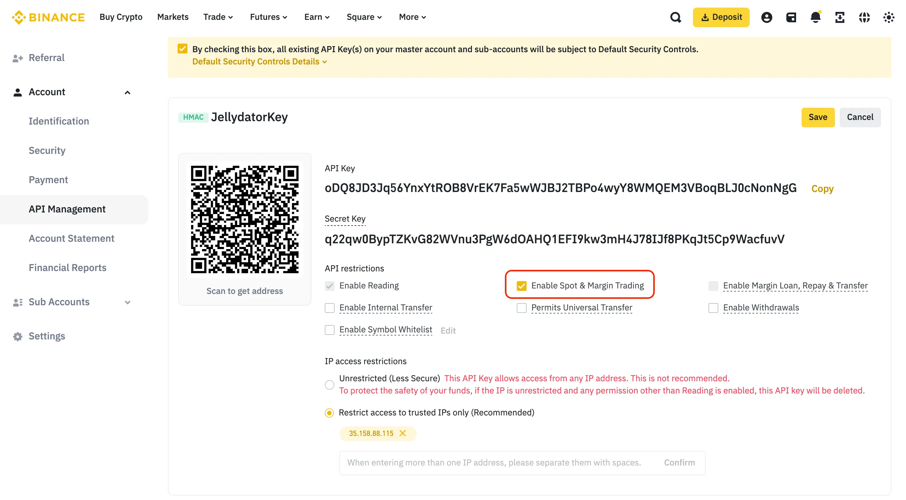 An image of the Binance website with the trading permissions highlighted.