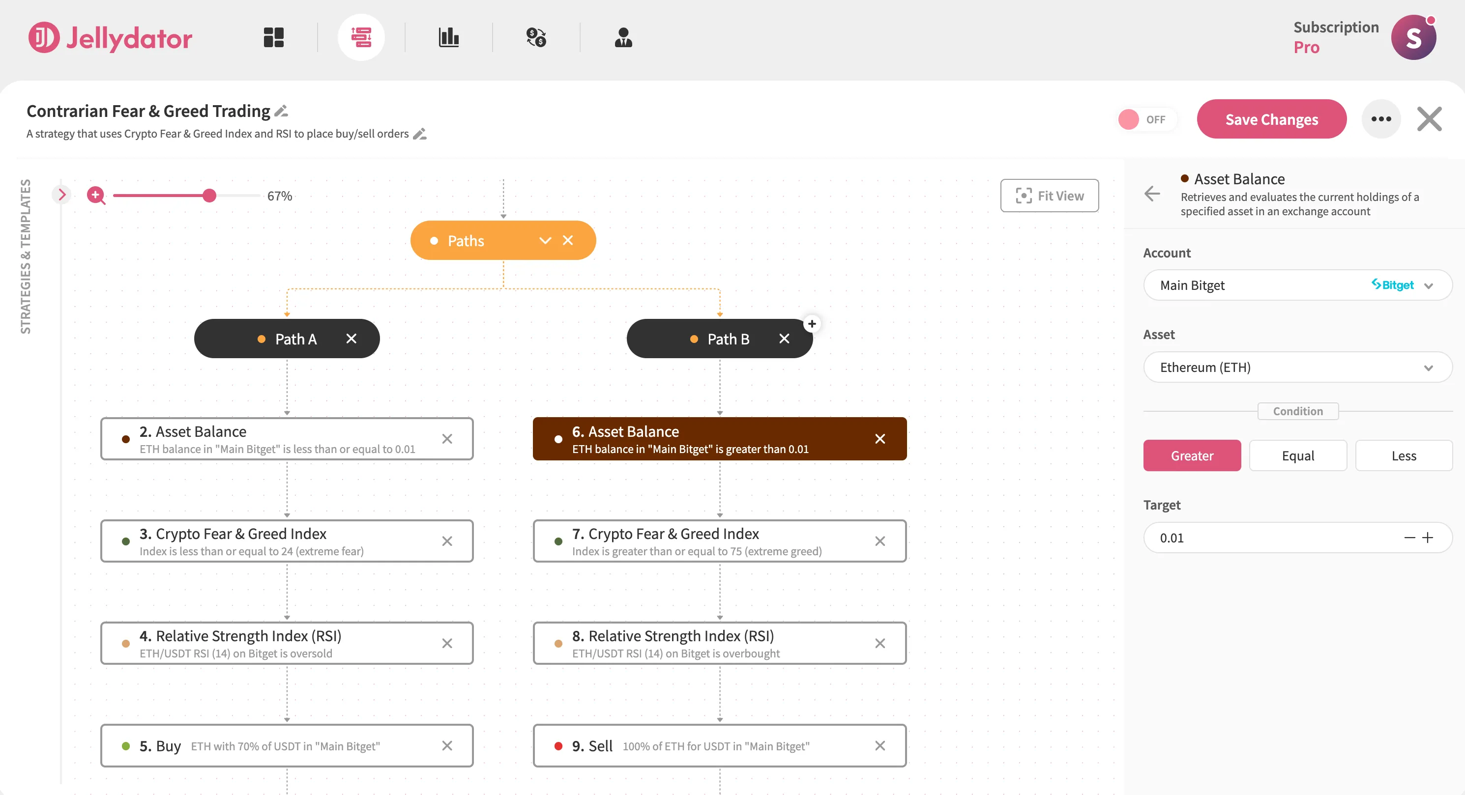 The Jellydator editor with an Asset Balance step in Path B.