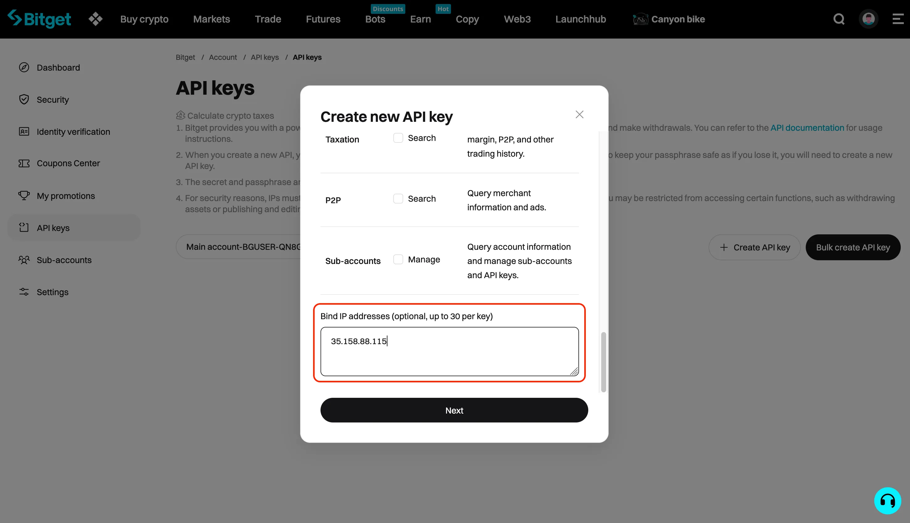 An image of the Bitget website with the non-empty trusted IP address input field highlighted.