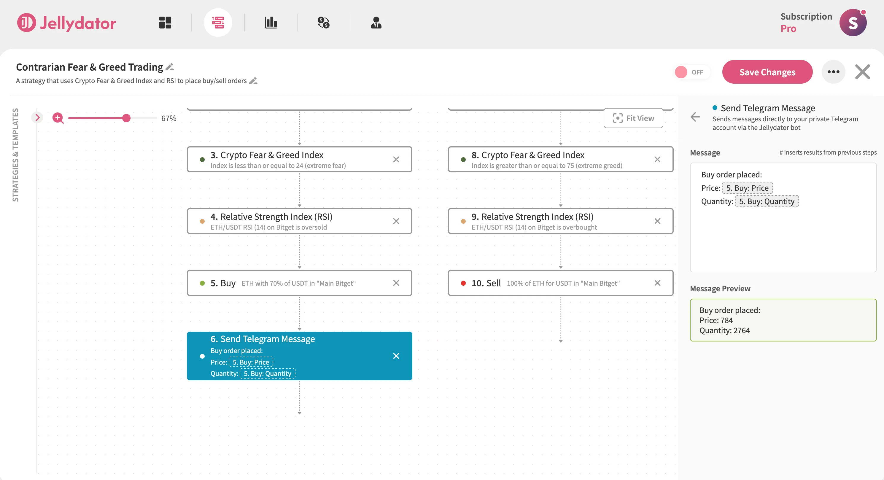 The Jellydator editor with a Send Telegram Message step in Path A.