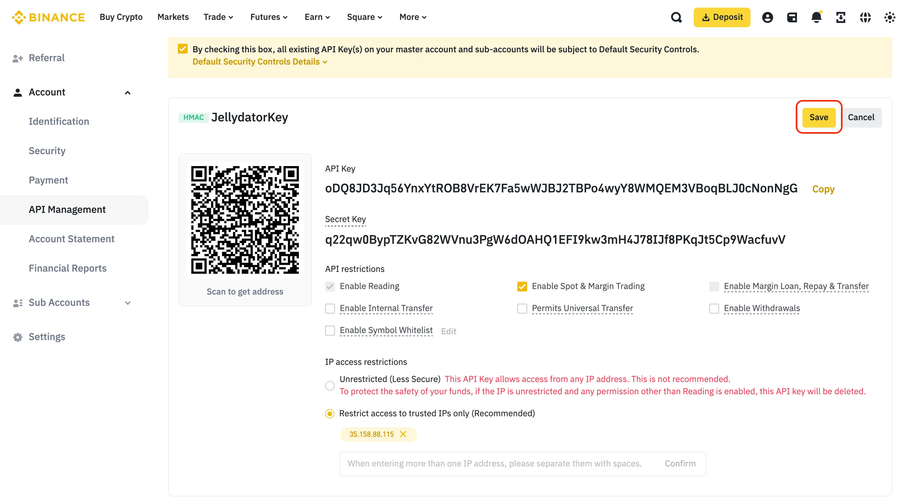 An image of the Binance website with the save button highlighted.