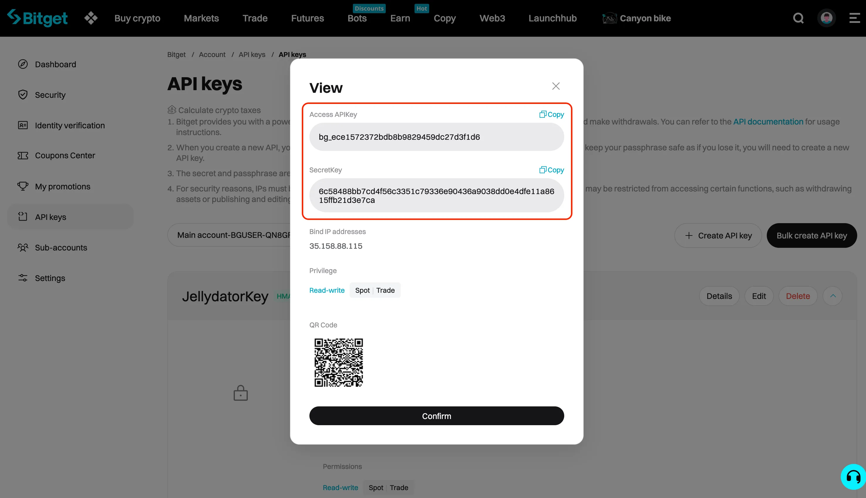 An image of the Bitget website with the API key and secret highlighted.
