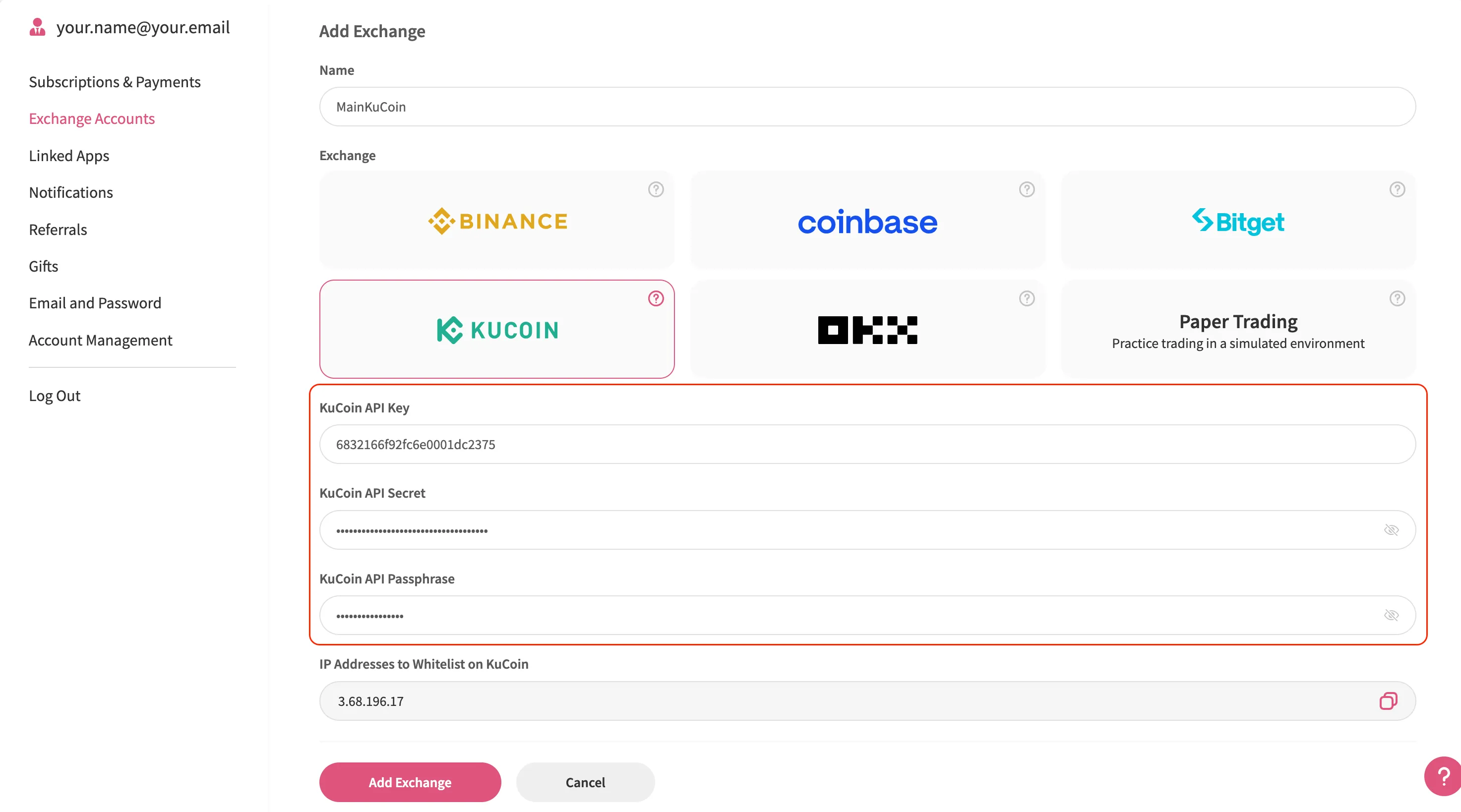 The Jellydator platform with the pasted key and secret values highlighted.