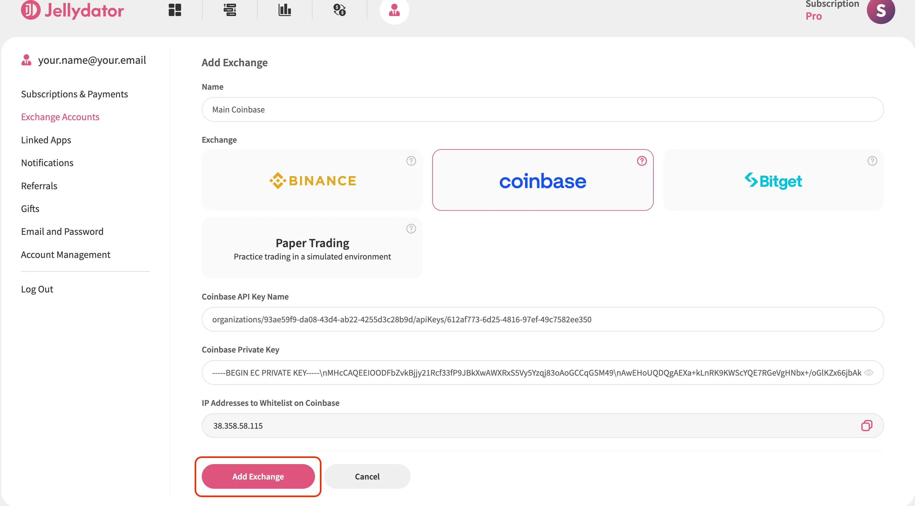 An image of the Jellydator platform with the 'add exchange' button highlighted.