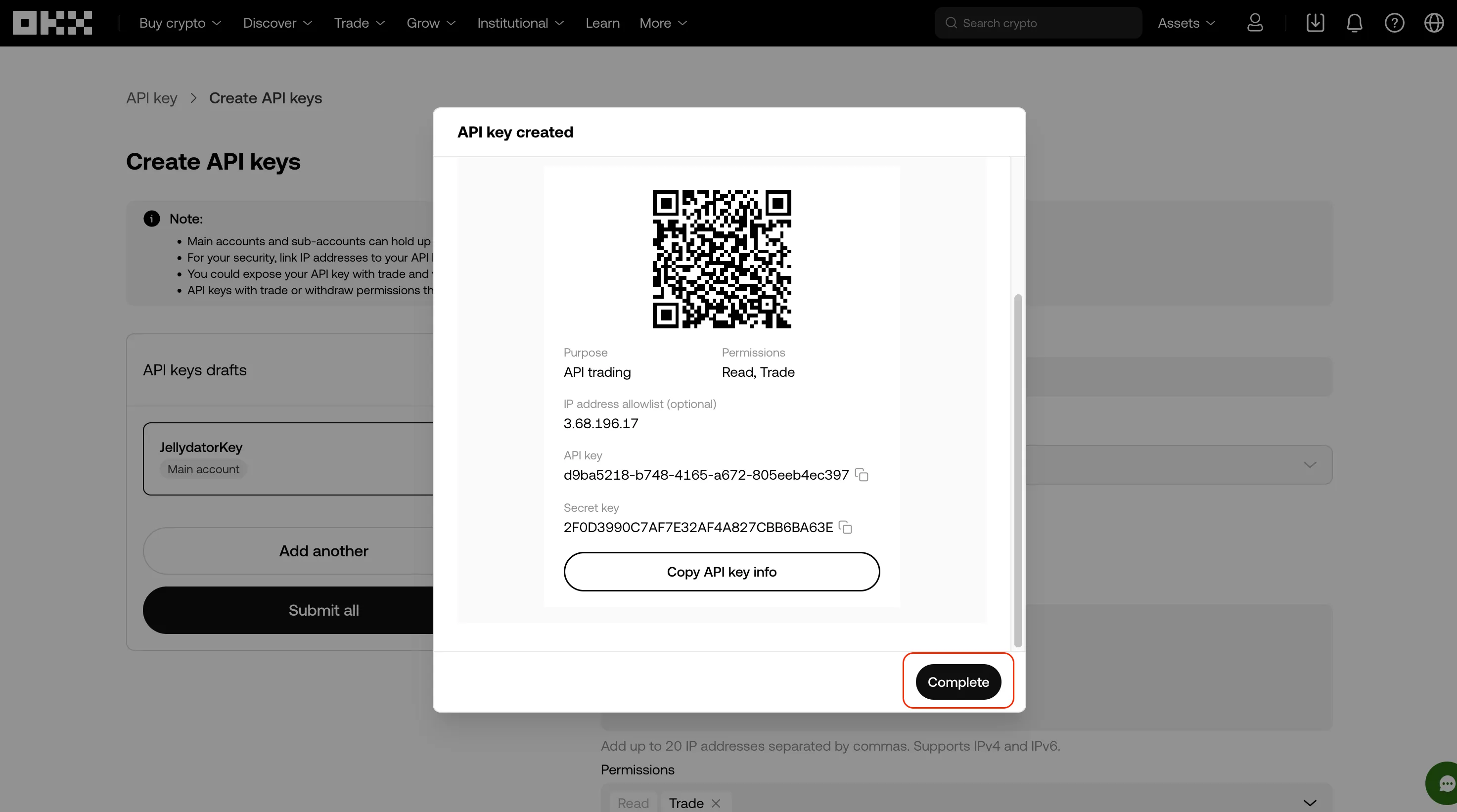 The OKX platform with the 'complete' button highlighted.