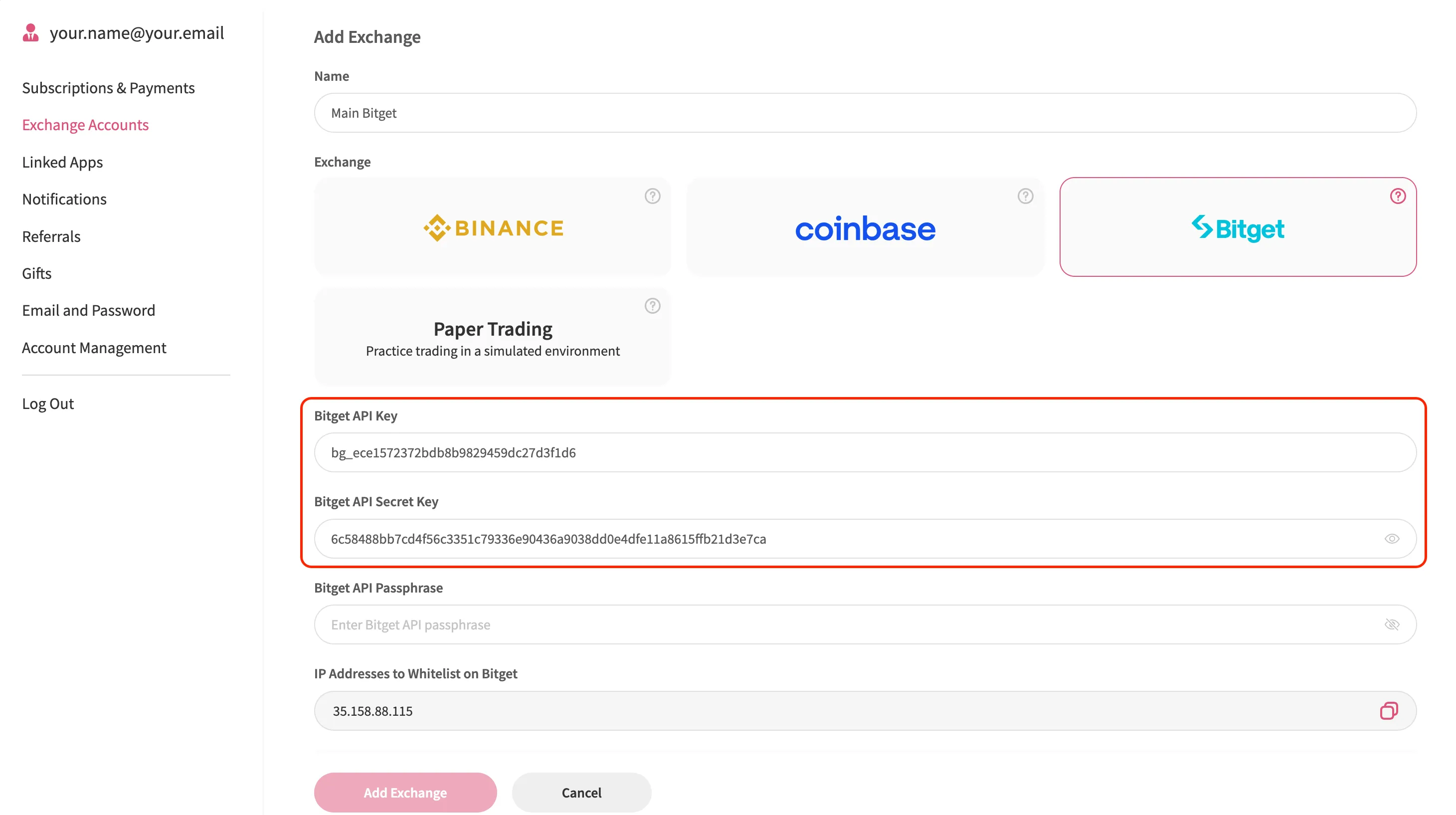 An image of the Jellydator platform with the exchange API key and secret input fields highlighted.