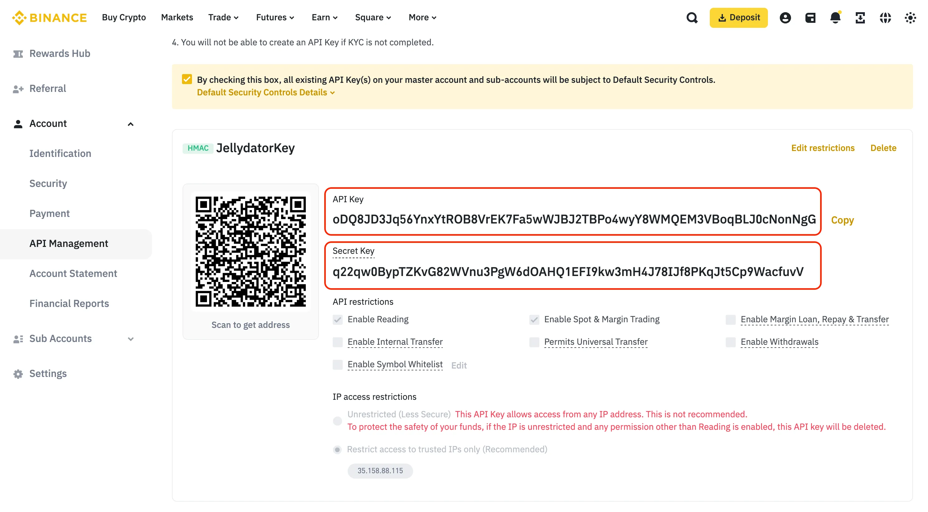 An image of the Binance website with the API key values highlighted.