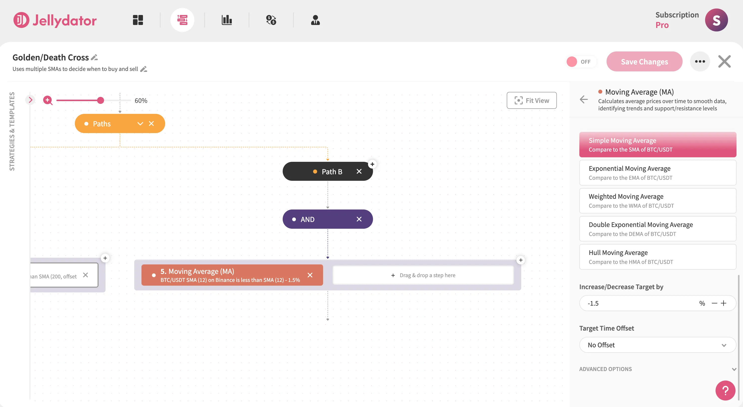 The Jellydator platform with the 'decrease by' input of a moving average step in Path B.