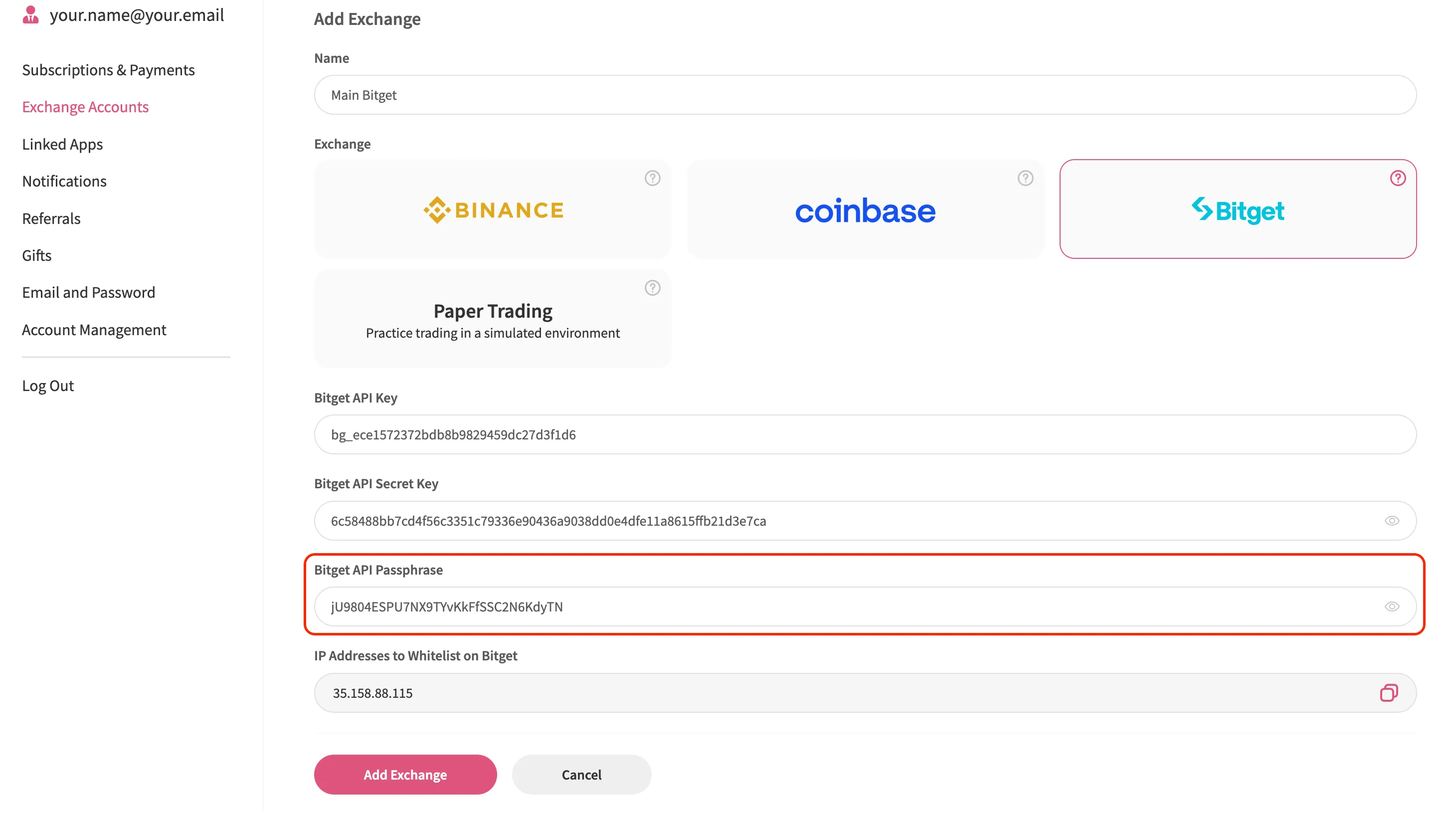 An image of the Jellydator platform with the exchange API passphrase input field highlighted.