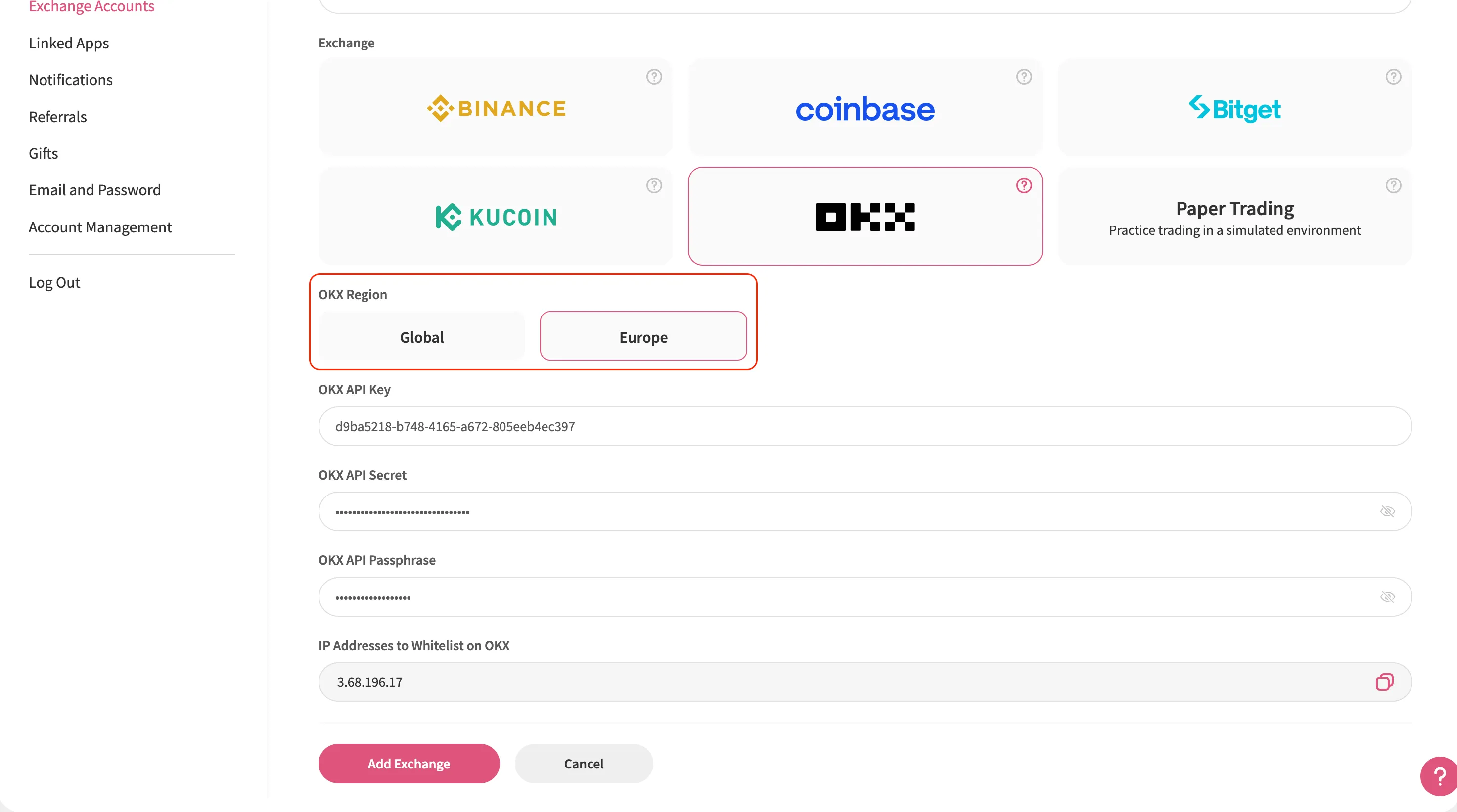 The Jellydator platform with the OKX region options highlighted.