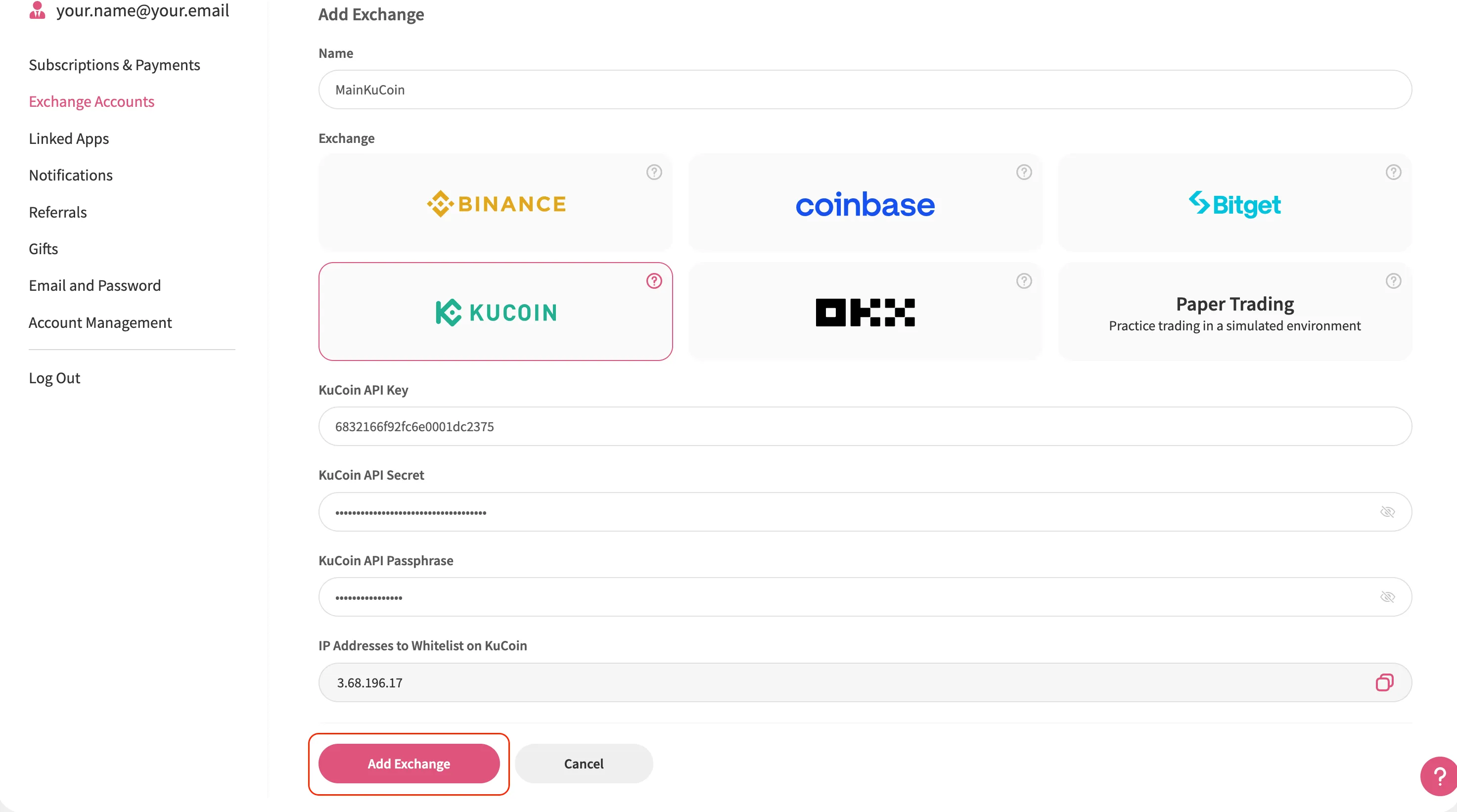 The KuCoin platform with the 'add exchange' button highlighted.