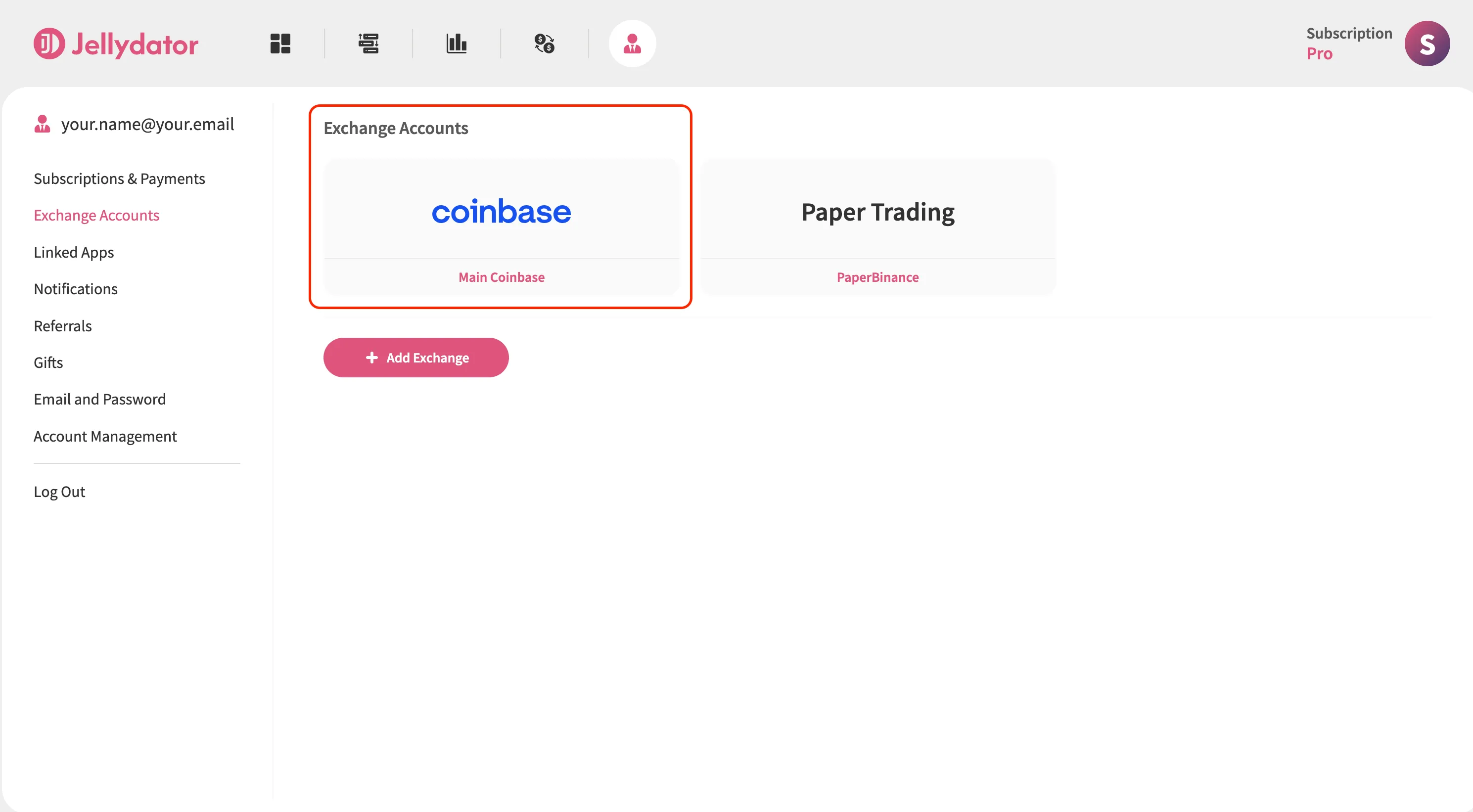 An image of the Jellydator platform with the new exchange account connection highlighted.