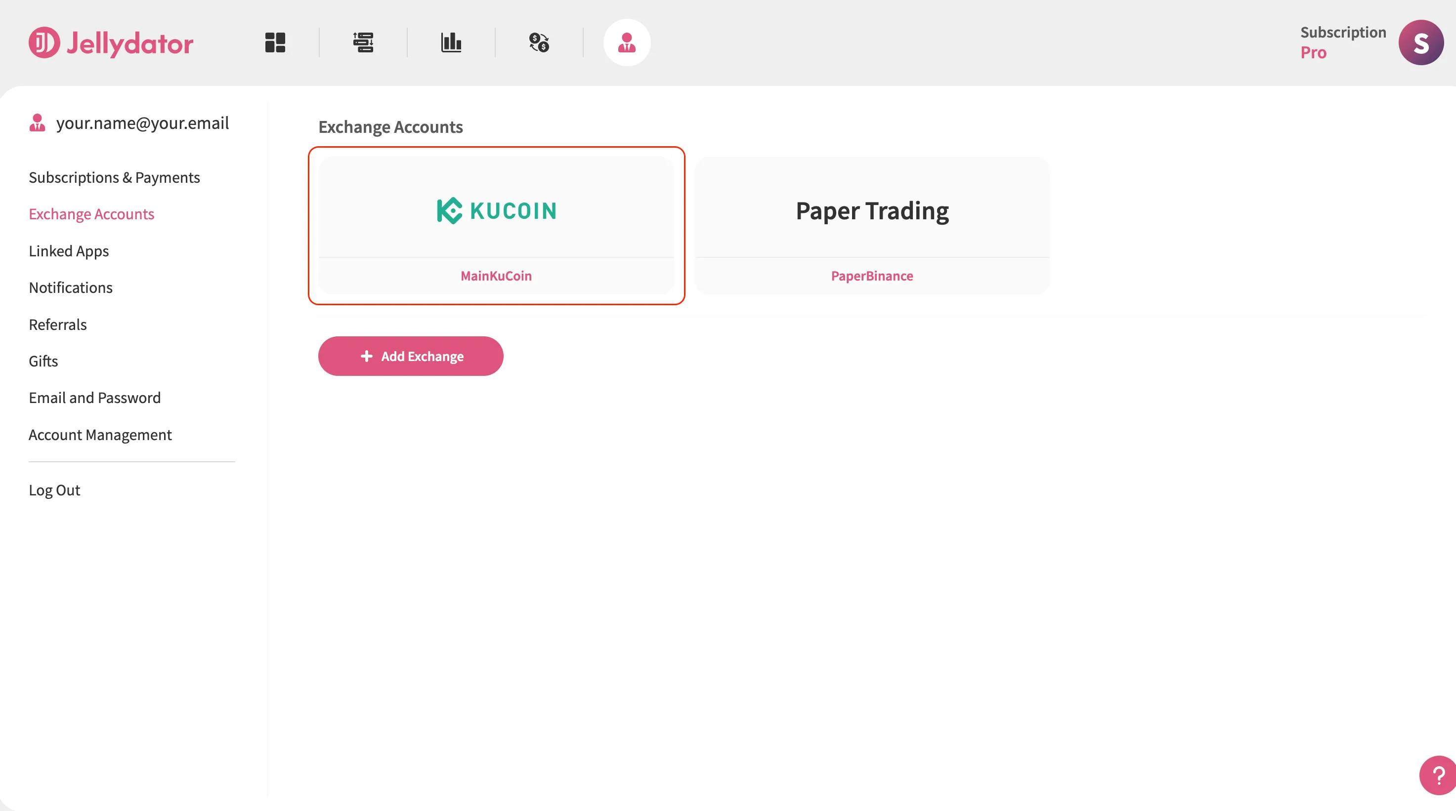 The Jellydator platform with the new exchange account highlighted.