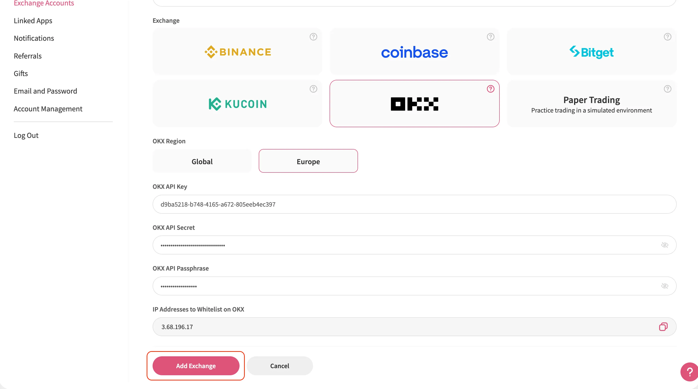 The Jellydator platform with the 'add exchange' button highlighted.