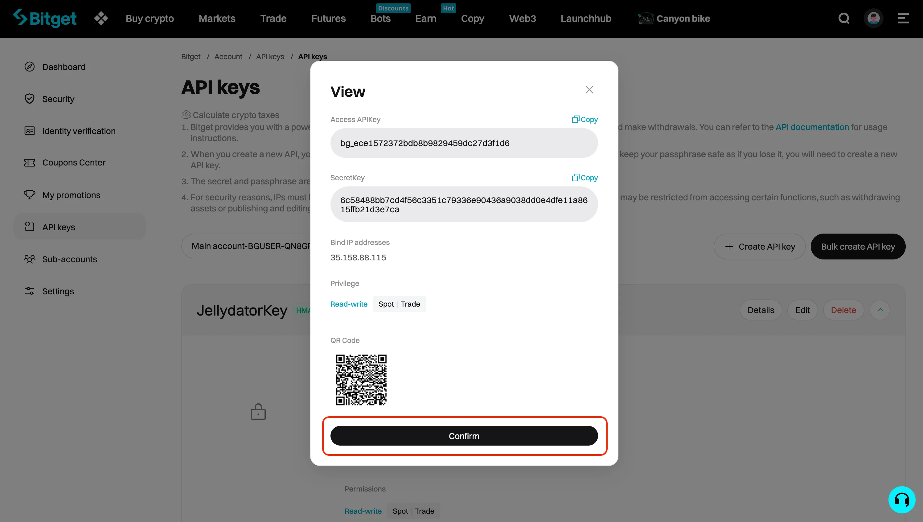 An image of the Bitget website with the confirmation button highlighted.