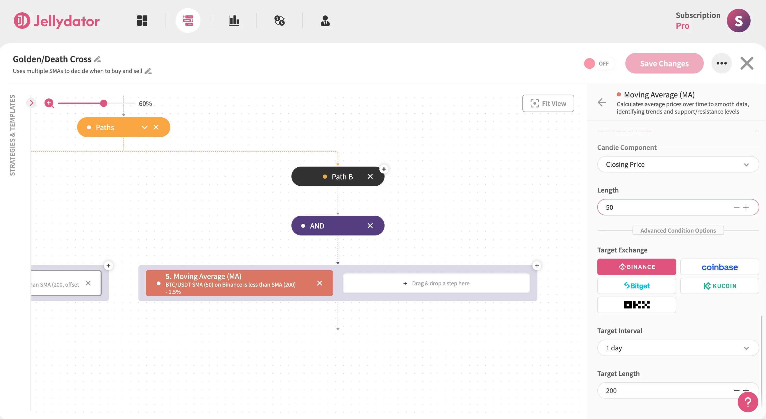 The Jellydator platform with the advanced option section of a moving average step in Path B.