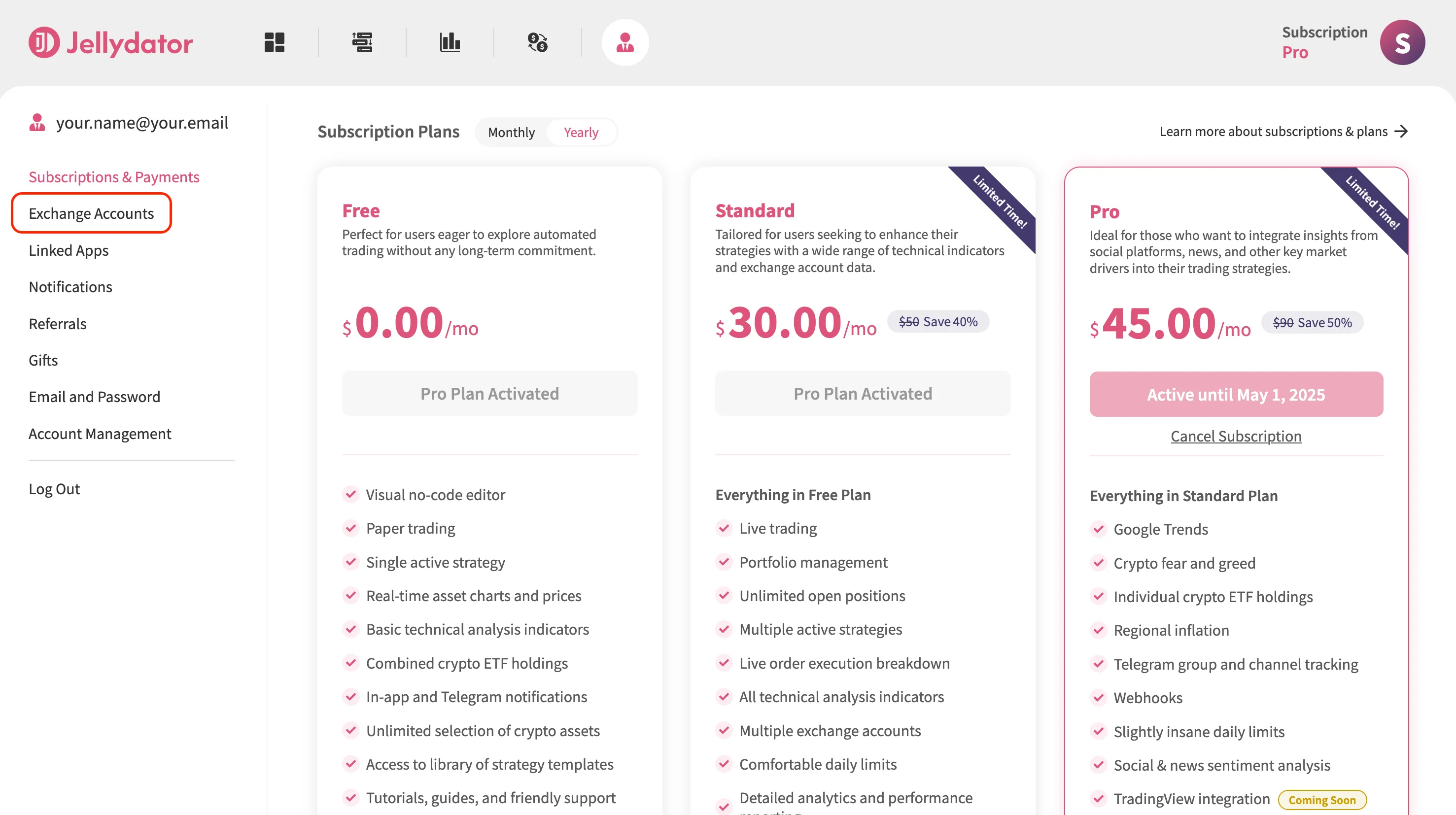 An image of the Jellydator platform with the exchange account page button highlighted.